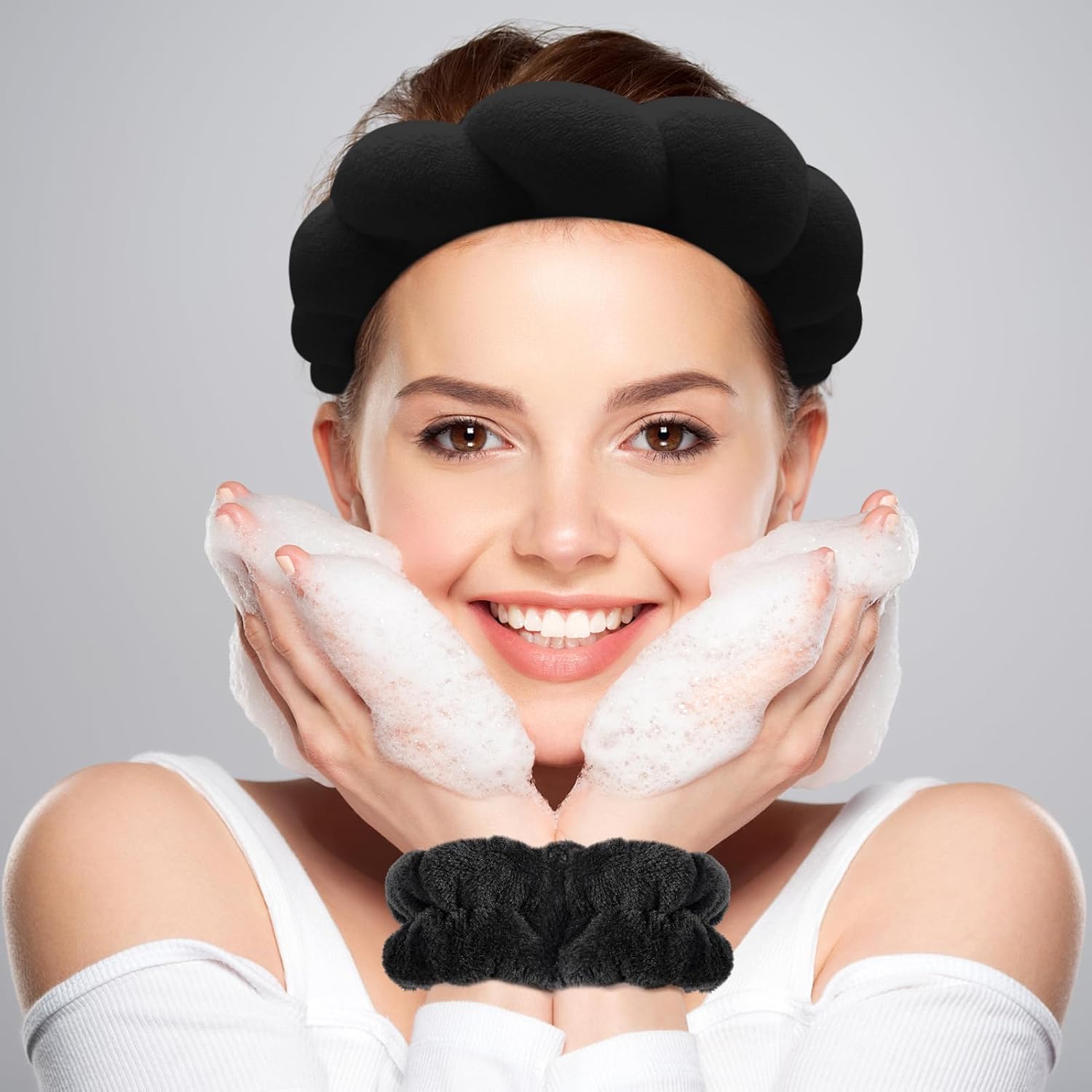 Detalle de Zkptops Spa Headband & Wristband Set for Face Washing (Black) — Terry Cloth Hair Accessory