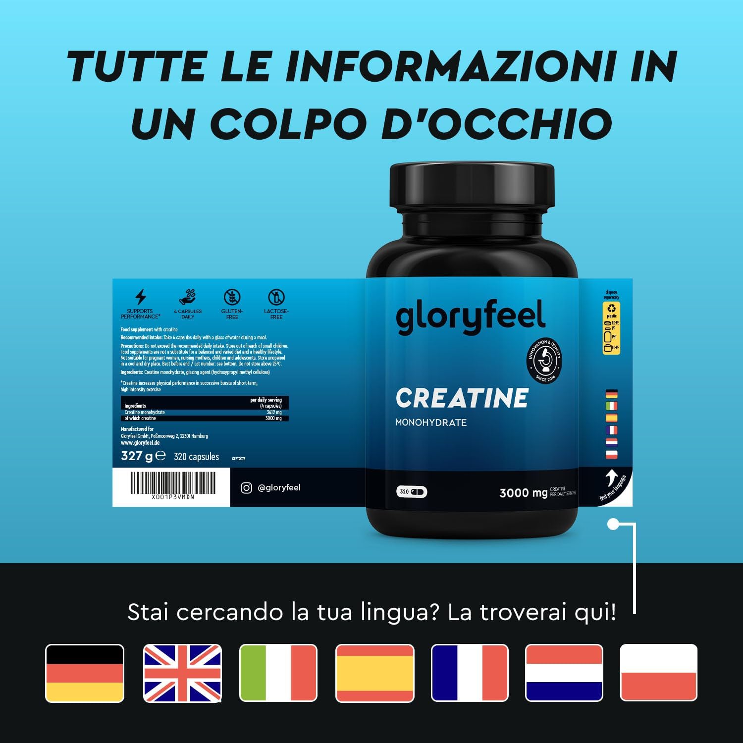 Thumbnail 6 de Creatina Monoidrata 320 Capsule – 3000 mg di Creatina pura per dose, senza OGMs