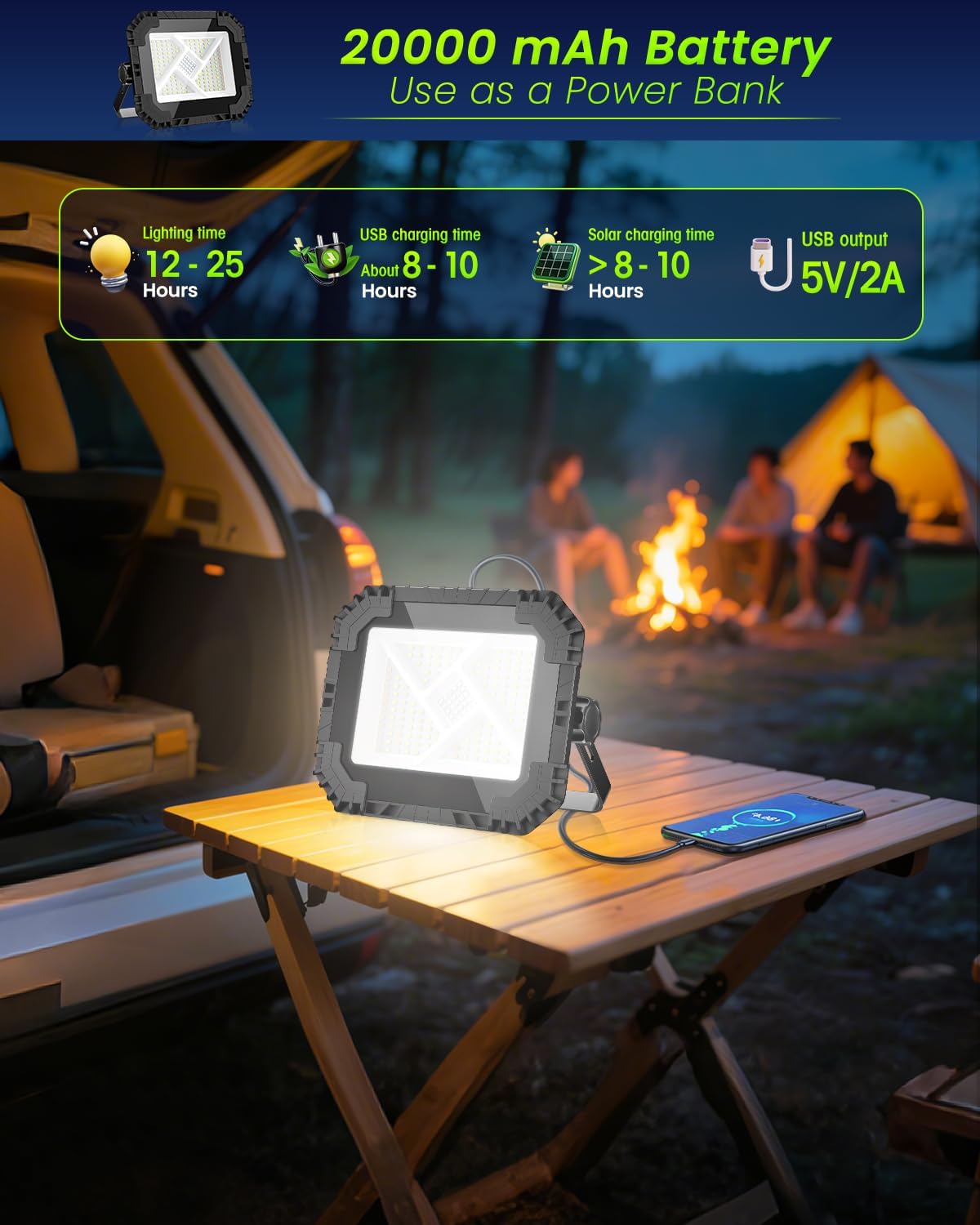 Detalle 1 de CLV reflektor akumulatorowy LED 200 W, 20 000 mAh, IP66, 4 tryby
