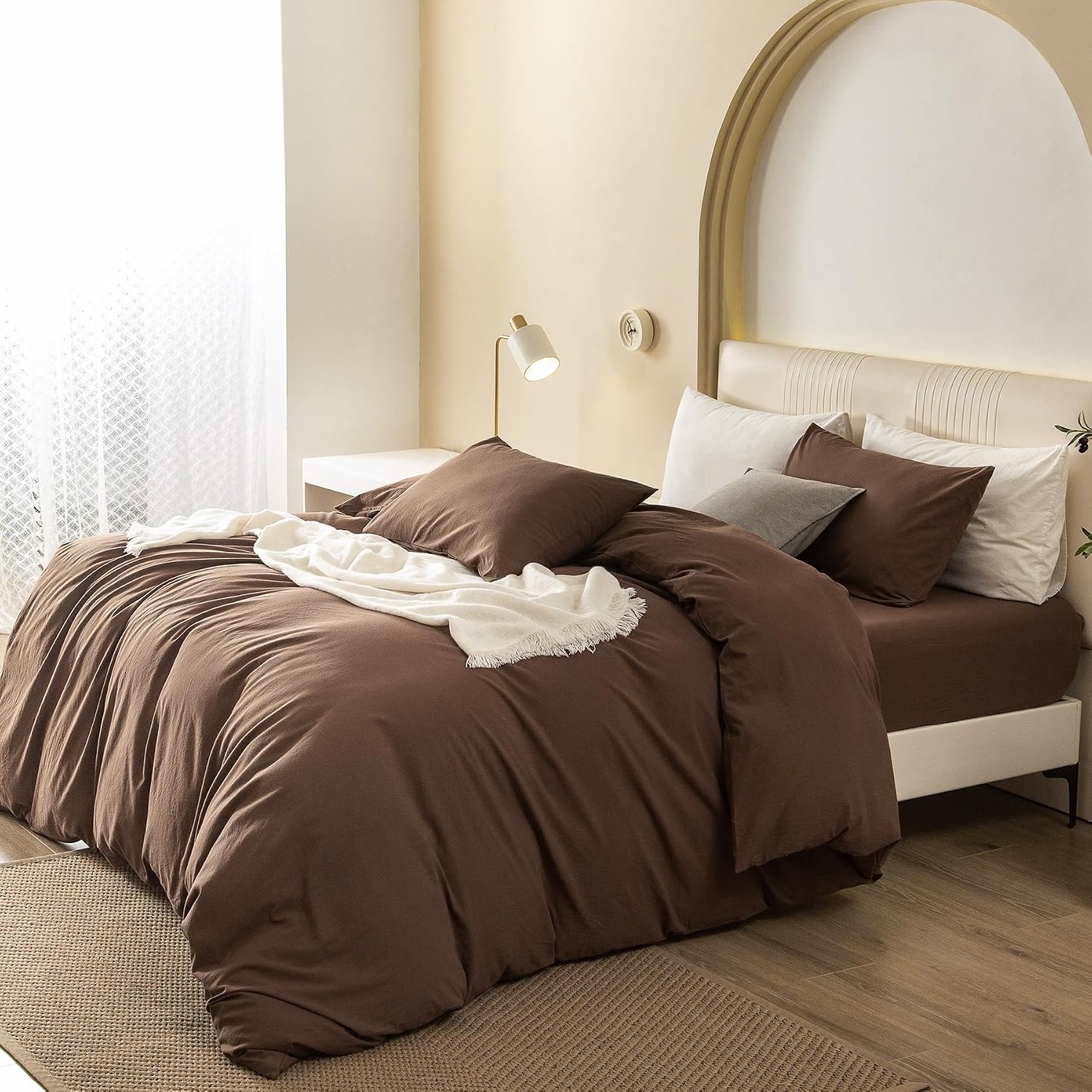 Detalle de JIYUAN Queen Washed Cotton Duvet Cover Set, 3-Piece with Hidden Zipper and 8 Corner Ties