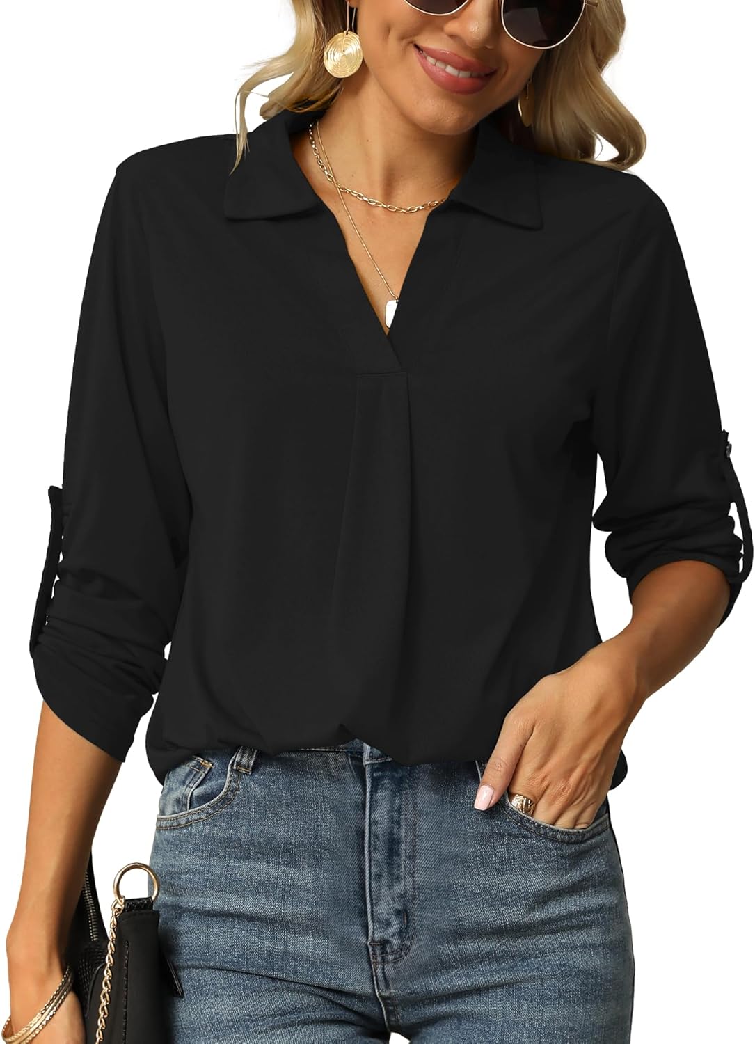 Thumbnail 6 de Odosalii Women's Casual V-Neck Tunic Blouse with Rolled-Up Sleeves