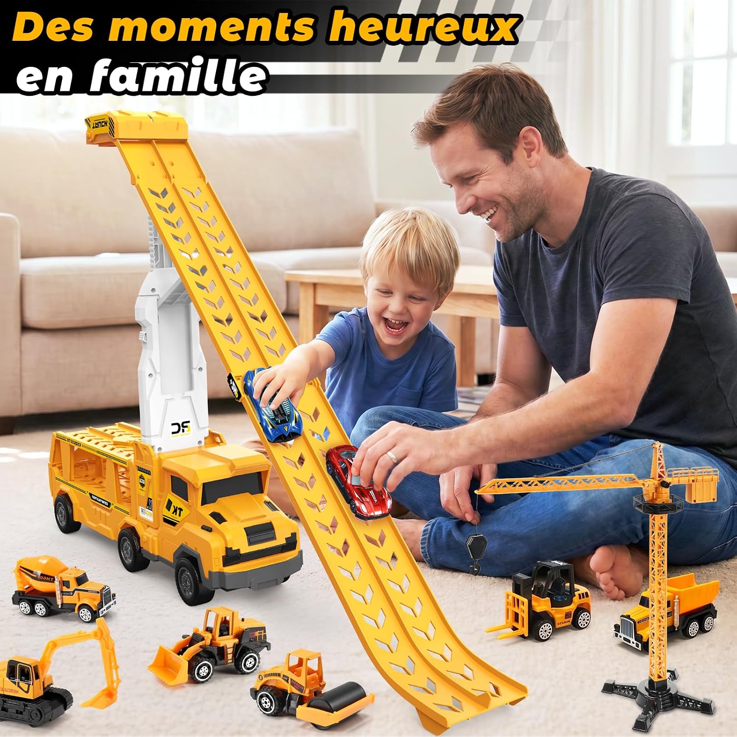 Thumbnail 1 de EUCOCO Transporteur Voiture Enfants 3D – Camion de construction avec 8 mini voitures, jeu 3 en 1 (2 pistes intégrées) pour garçons 3–8 ans