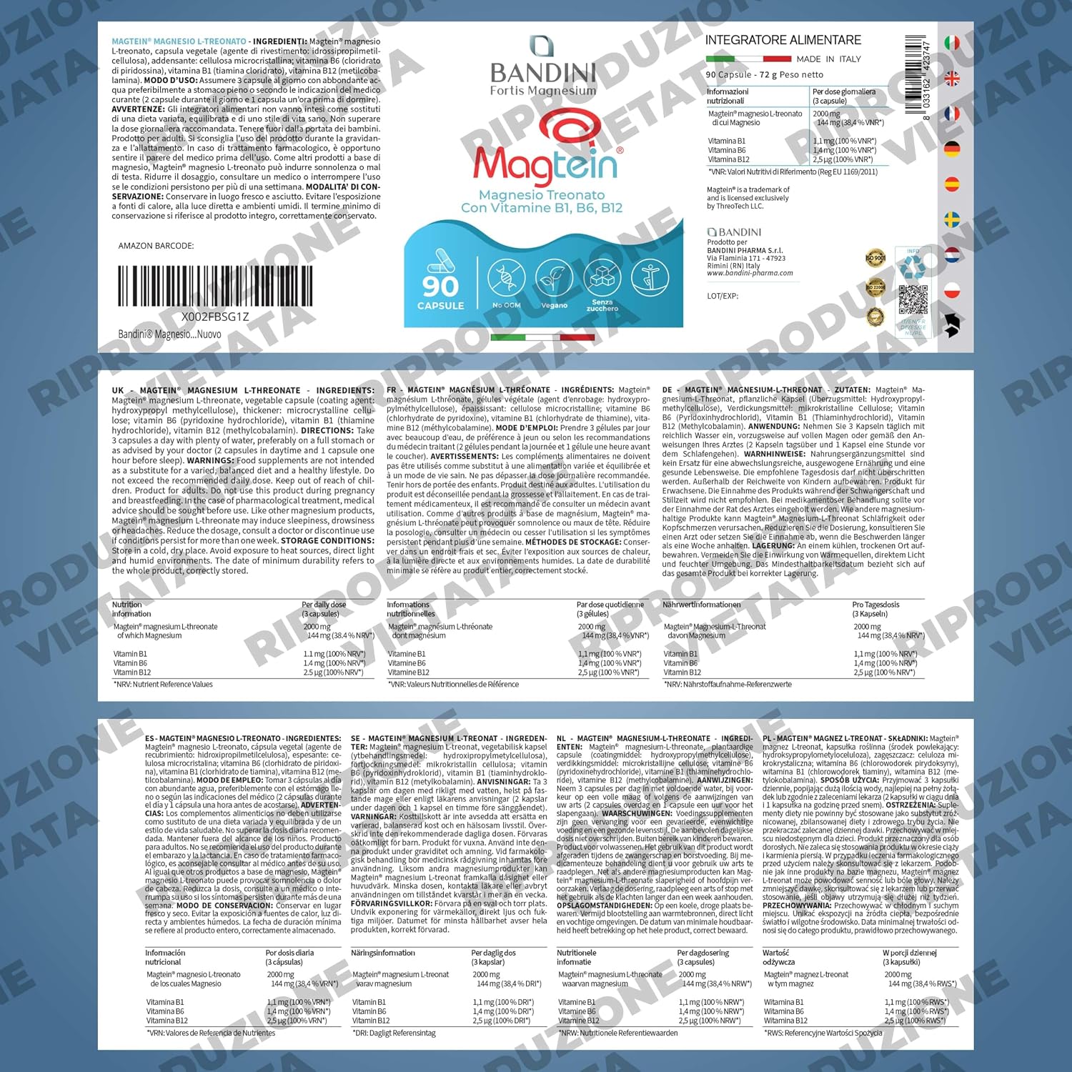 Detalle de Bandini Magnesium L-threonaat Magtein 2000 mg met B1, B6 en B12, 90 capsules