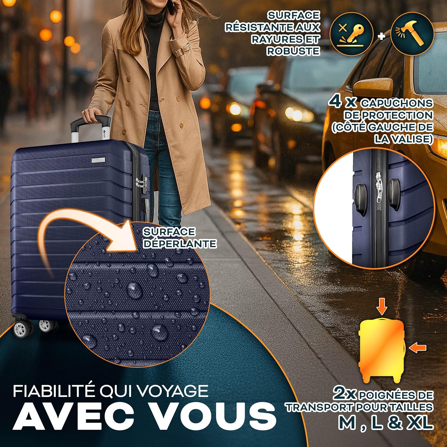 Thumbnail 6 de tillvex® Set de 4 Valises de Voyage avec Balance, Sangles et Étiquettes – Coque ABS, TSA Lock, Roulettes 360°, Bleu Marine