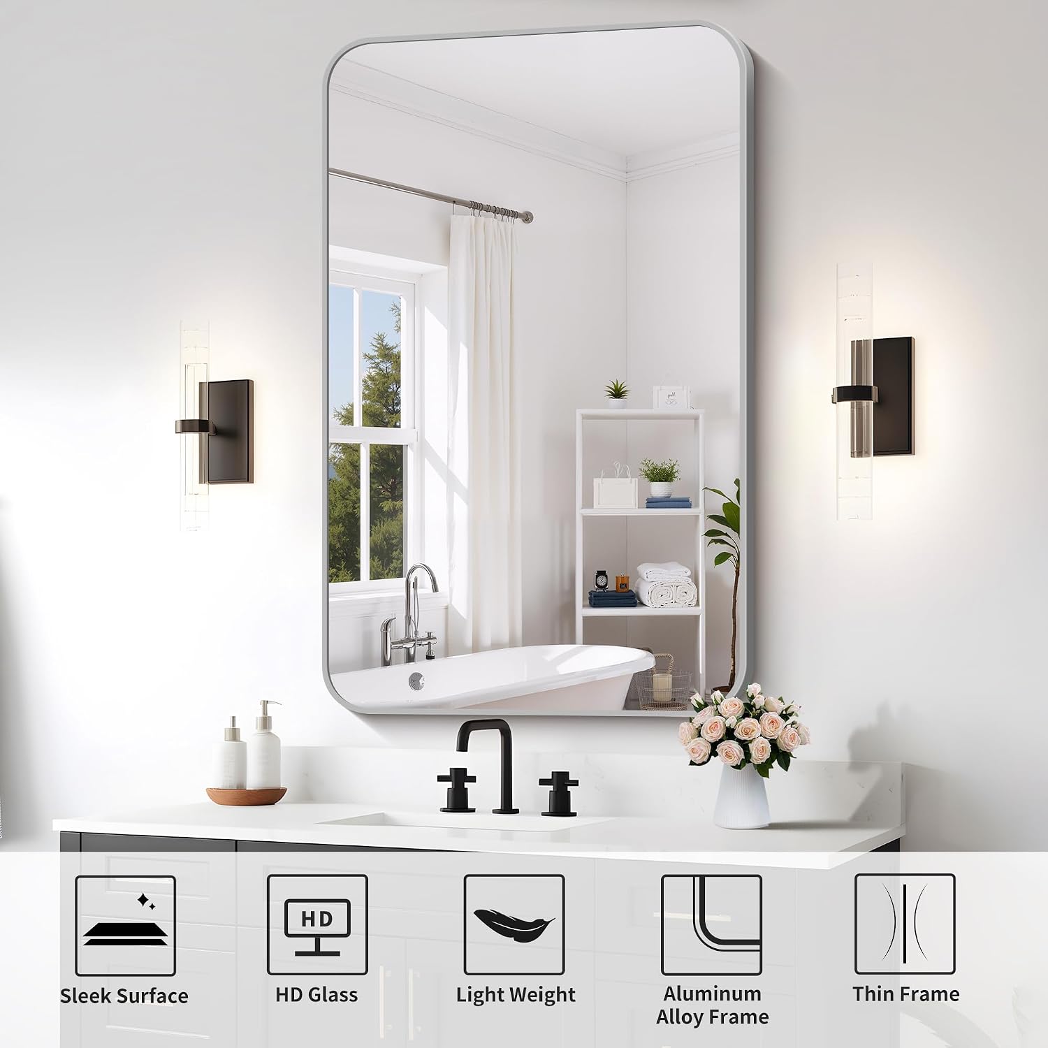 Detalle 1 de FORBATH 30x48 Inch Silver Bathroom Mirror with Aluminum Frame and Rounded Corners