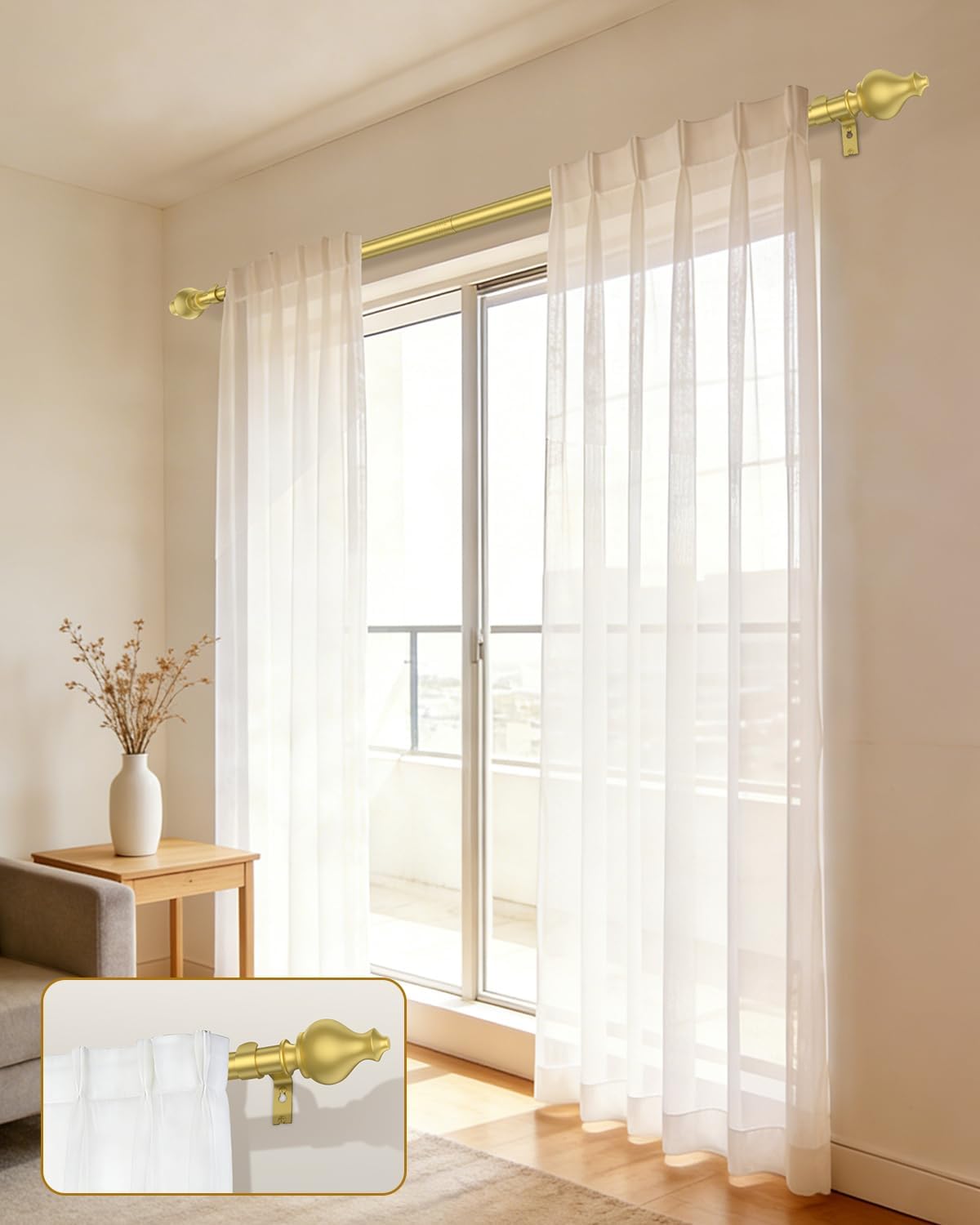 Detalle de Jialexin Wall-Mounted Curtain Rod Set, Gold Metal Rod with 17-Inch Adjustable Section