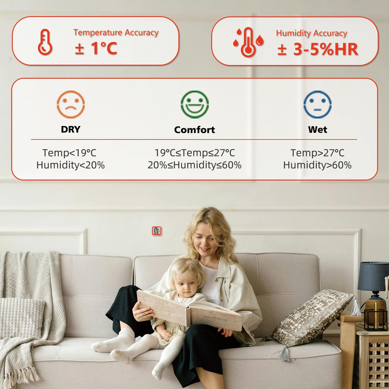 Thumbnail 3 de NOKLEAD Thermometer Luftfeuchtigkeitsmesser mit Komfort-Gesichtssymbol (Orange, 4,5 cm) für Babyzimmer & Büro
