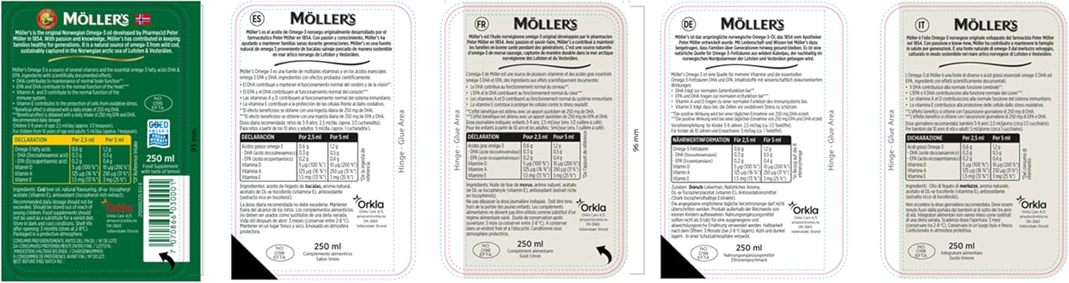 Detalle de Möller's Omega 3 Lebertran Öl – Nordic Omega 3 Nahrungsergänzung mit EPA, DHA, Vitamin A, D und E (Zitrone) – 10 x 500 ml