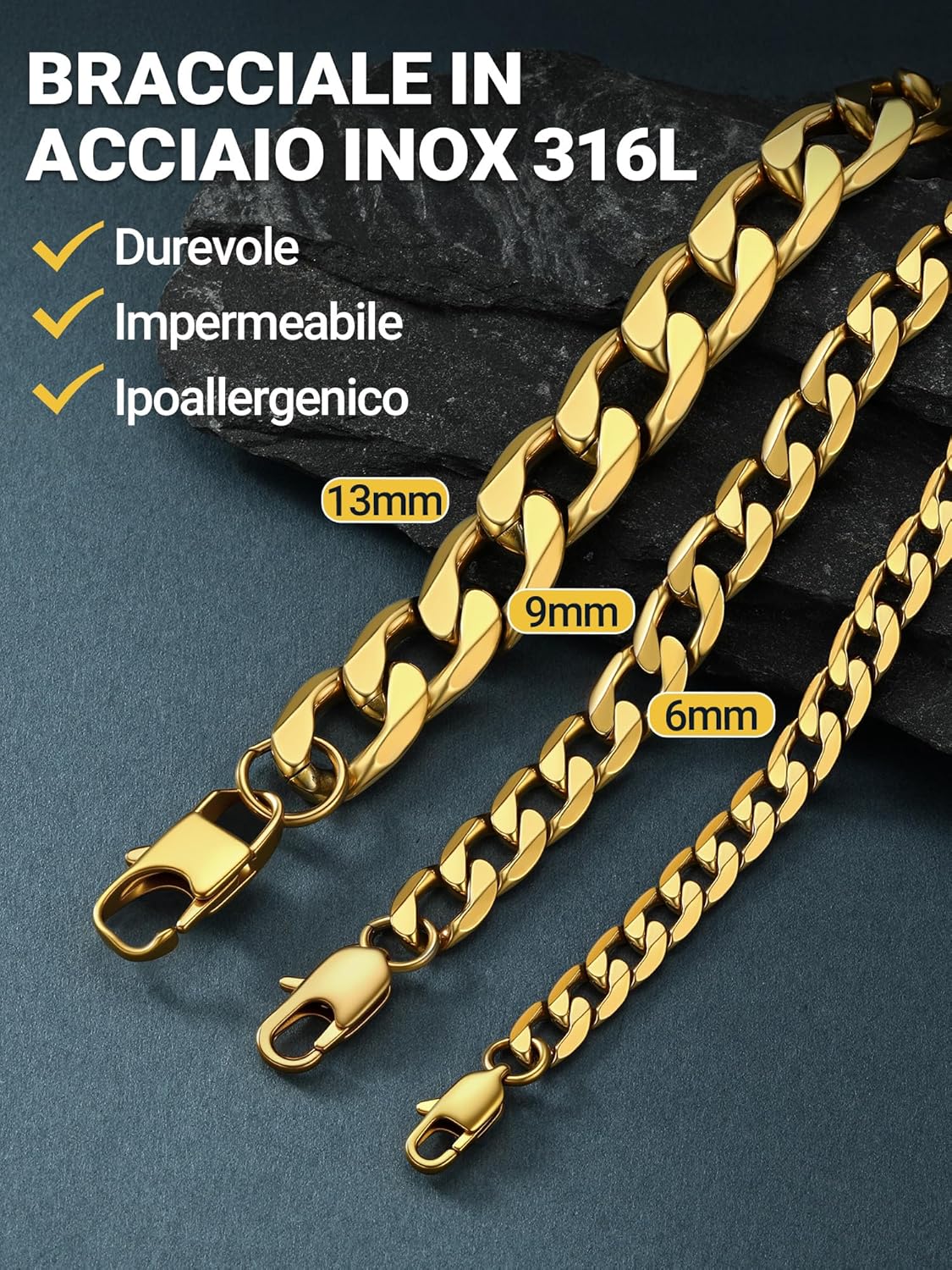 Thumbnail 2 de PROSTEEL bracciale uomo cubana in acciaio inox con catena tridimensionale larghezza 6/9/13 mm