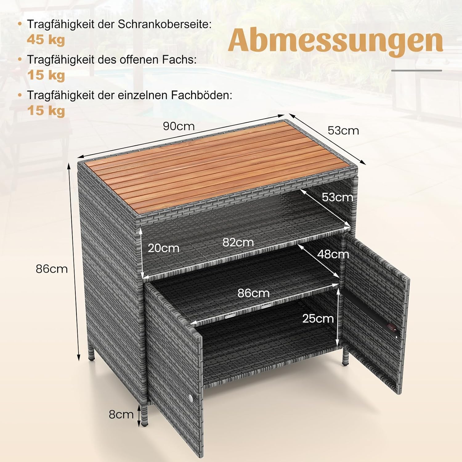 Detalle de COSTWAY Gartenschrank Rattan: Terrassenschrank mit Akazienholz-Arbeitsplatte, 90 x 53 x 86 cm, Grau