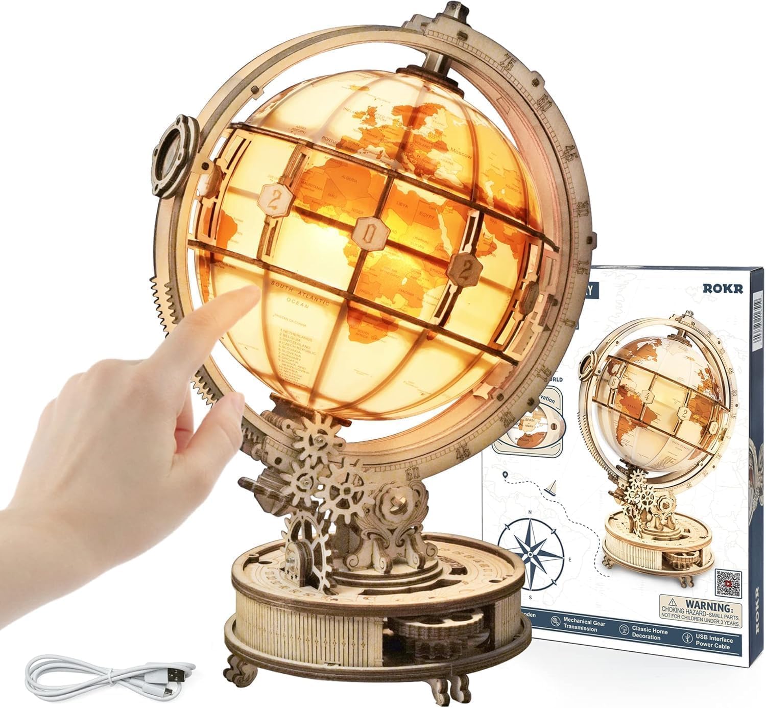 Detalle de ROKR Maquette Bois Globe Lumineux 3D – Puzzle 180 pièces et globe rotatif en bois