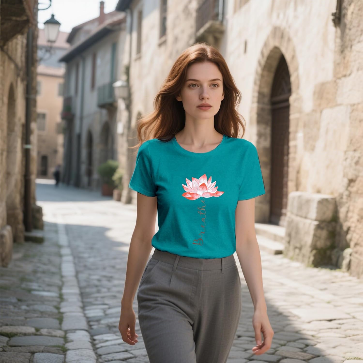 Detalle de SUWATOIN Women's Yoga Shirt: Elegant Breathe Lotus Tee for Mindful Workouts