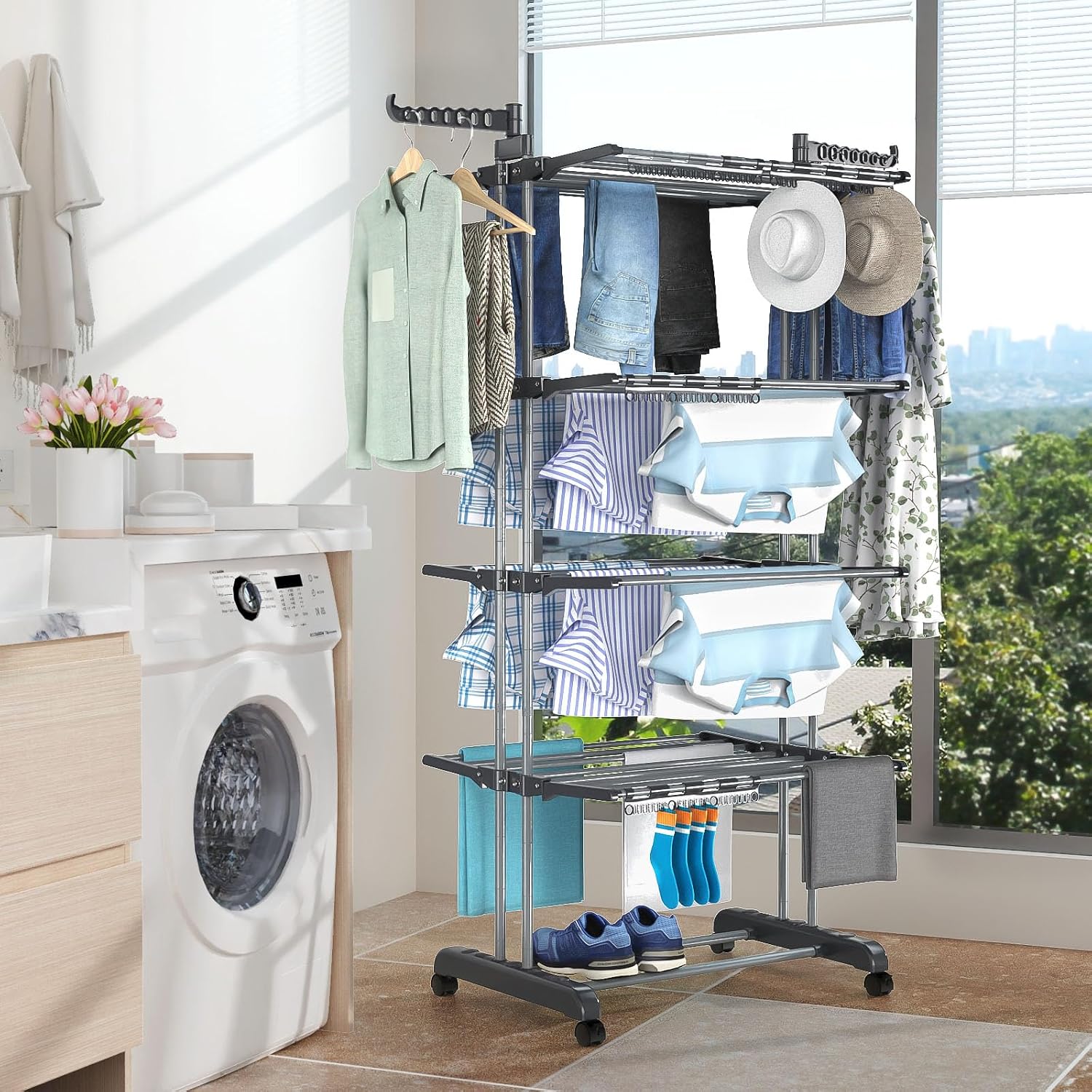 Detalle de Shrivee NR765-2 4-Tier Clothes Airer with Adjustable Shelves and Wheels
