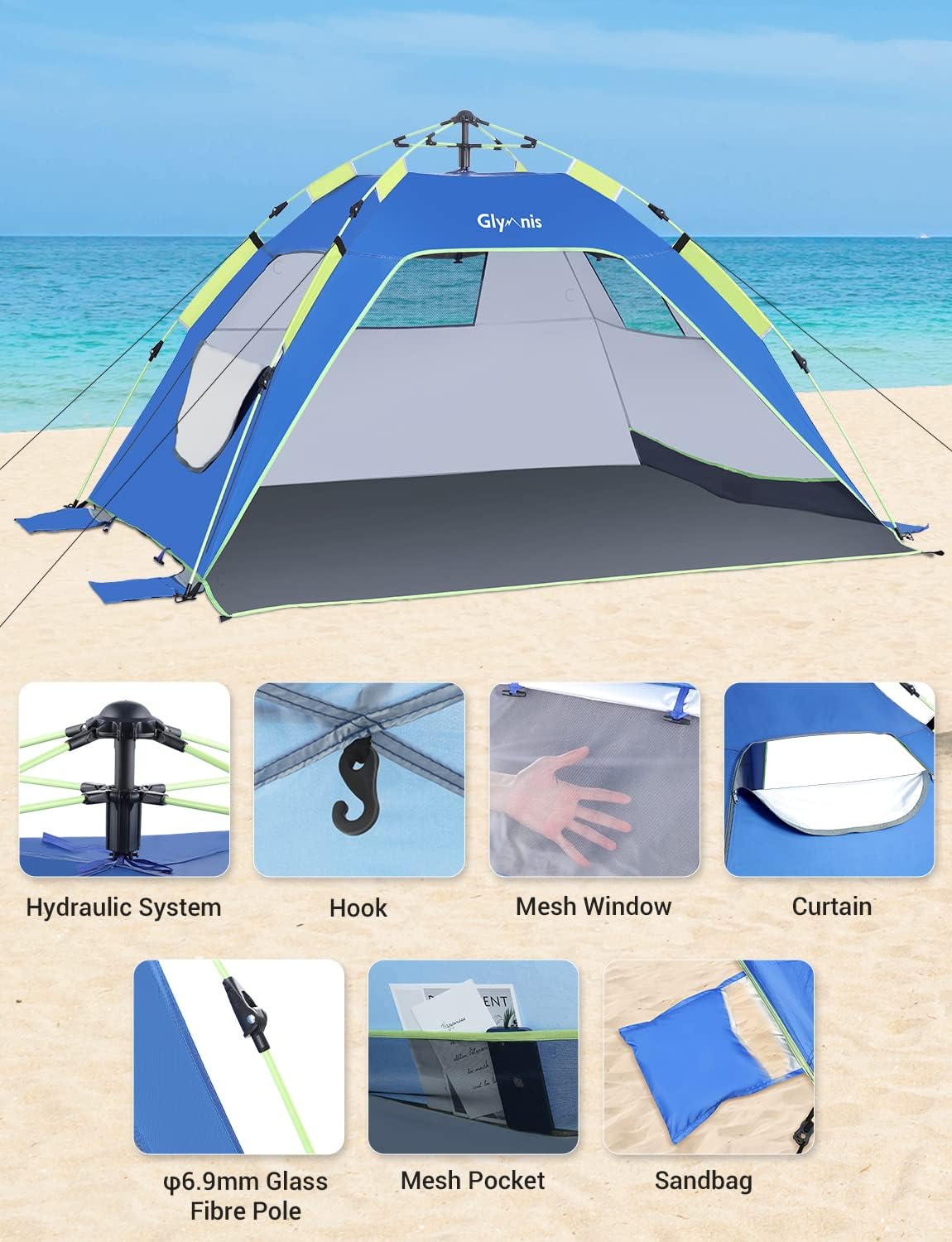 Thumbnail 6 de Glymnis Pop Up Beach Tent 3-4 Person – Instant, UV Protected Sun Shelter