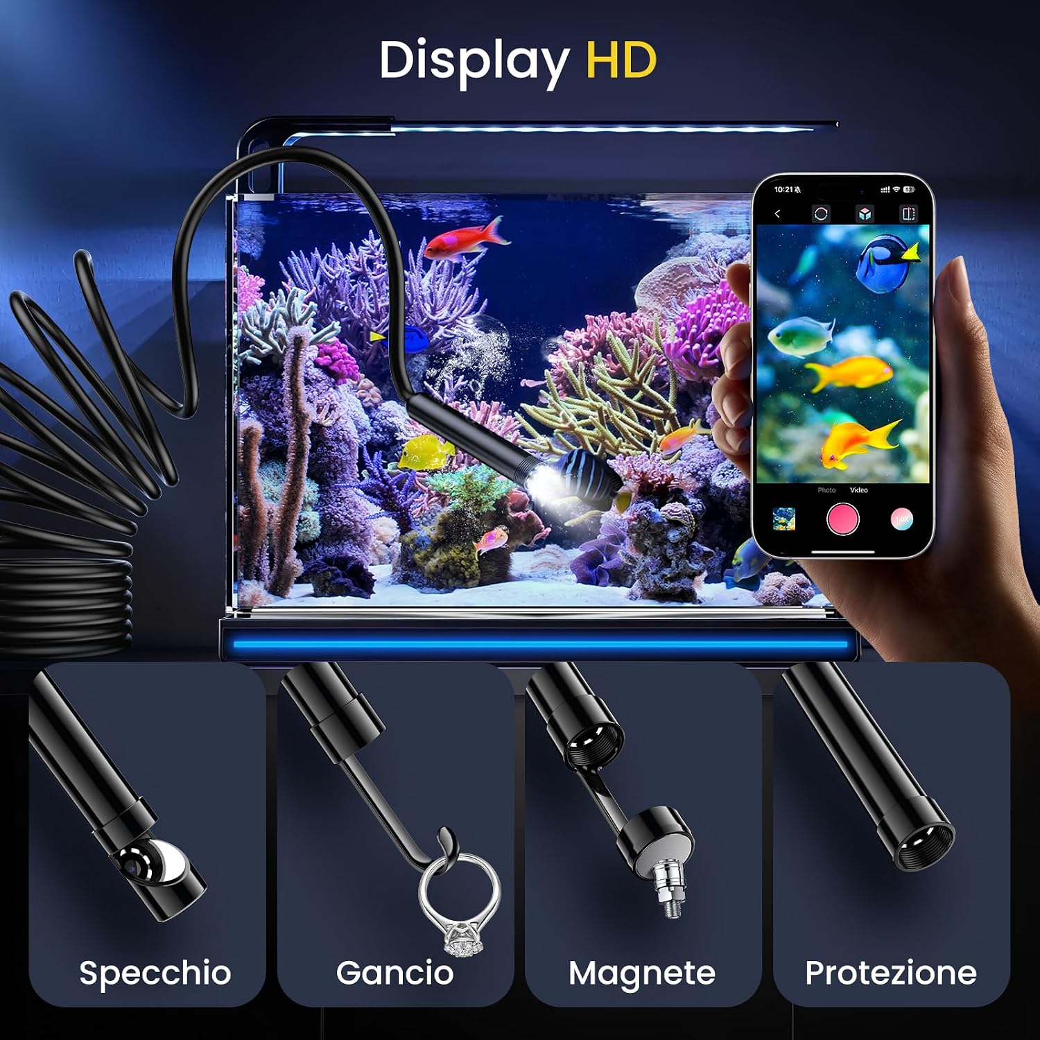 Detalle 2 de Maxpow Endoscopio per Smartphone – Telecamera Endoscopica 1920HD IP67, Sonda 5 m con 8 LED, Compatibile Android e iOS