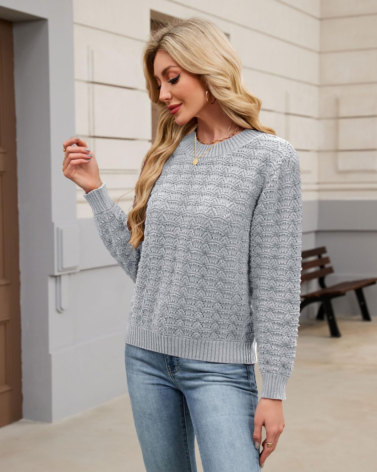 Thumbnail 1 de Quatrefox Damen Pullover Winter Rundhals Grobstrick mit Wellenmuster – locker sitzender Strickpullover
