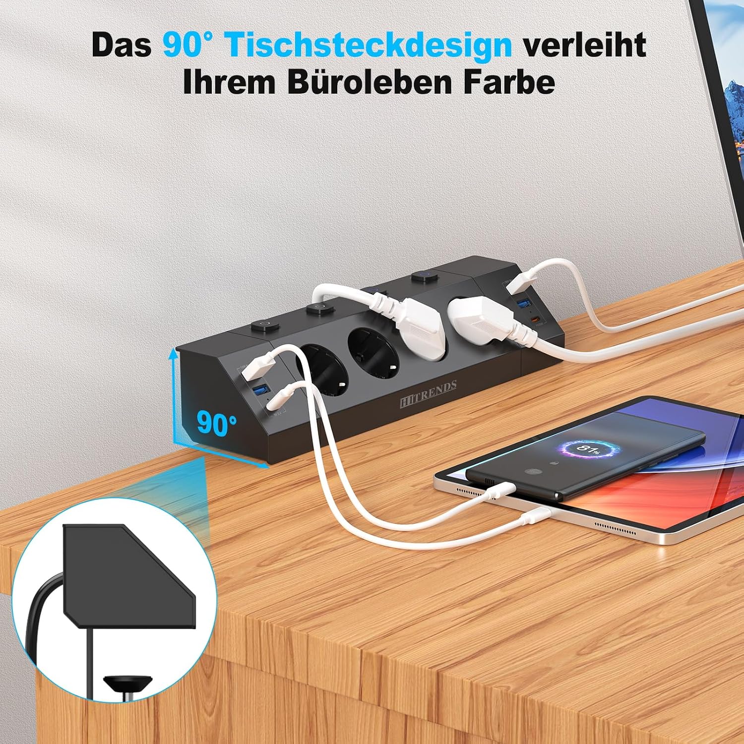 Detalle de HITRENDS 4 Prises de Table-Noir tafelstopcontact met 4 stopcontacten en 6 USB-poorten