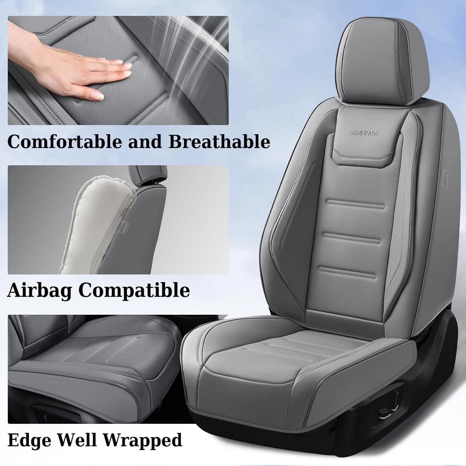 Detalle 2 de Coverado Car Seat Covers Full Set (Universal) – Waterproof NAPPA Leather Seat Protectors, Gray