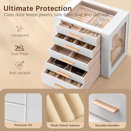 Detalle de Homeanda Jewellery Box, Large 5-Layer Organiser Case with Glass Lid in White