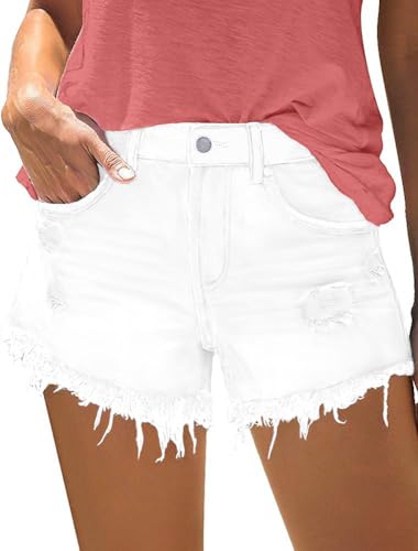 Detalle de KISSMODA High Waisted Denim Shorts for Ladies – White Distressed Summer Casual