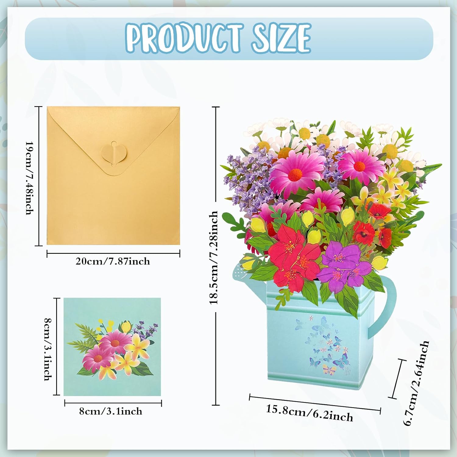 Detalle de Hierein Pop Up Birthday Cards for Women: Blue Watering Can Flower Bouquet