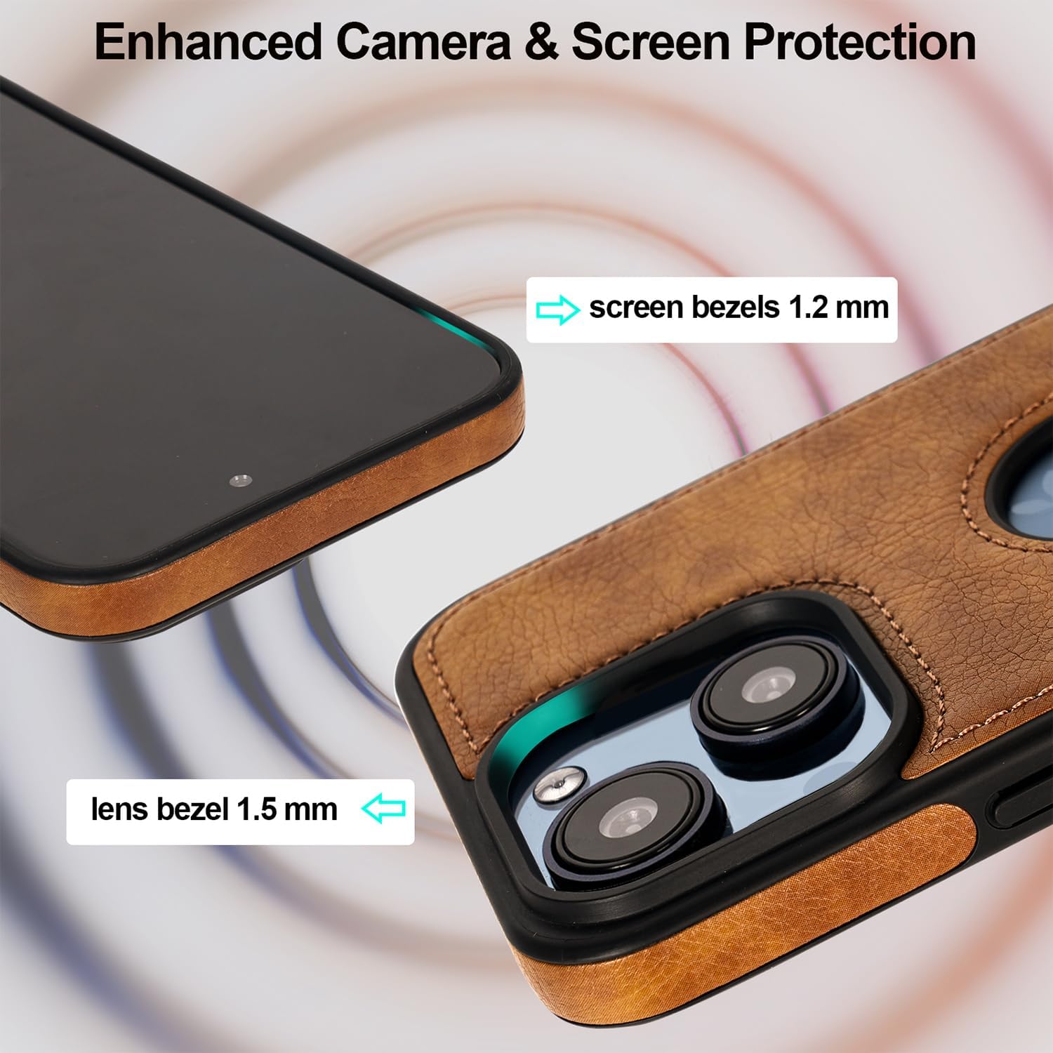 Detalle 2 de KSELF Leather Case for iPhone 15 (6.1-inch) — Thin, Flexible Soft-Grip Brown Cover with Metal Kickstand