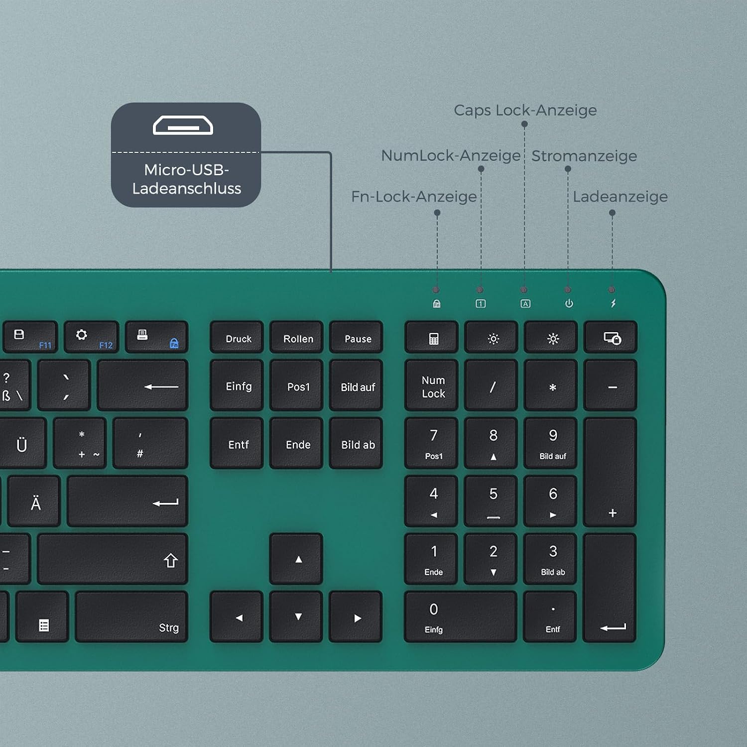 Detalle de seenda SK38-3 Tastatur- & Maus-Set kabellos (QWERTZ, wiederaufladbar)