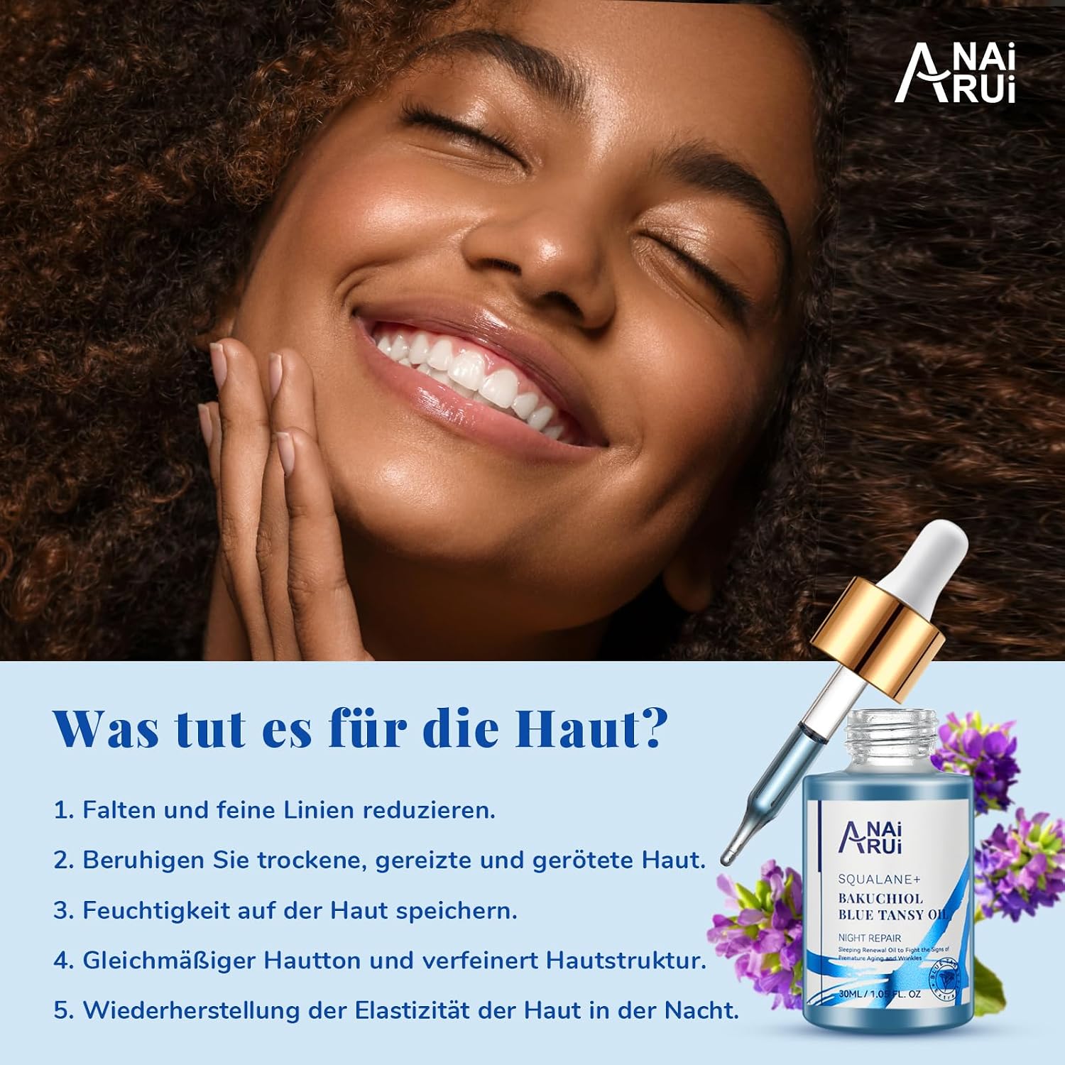 Detalle de ANAiRUi Bakuchiol Oil mit Blue Tansy – pflanzliches Gesichtsöl als Retinol-Alternative (30 ml)