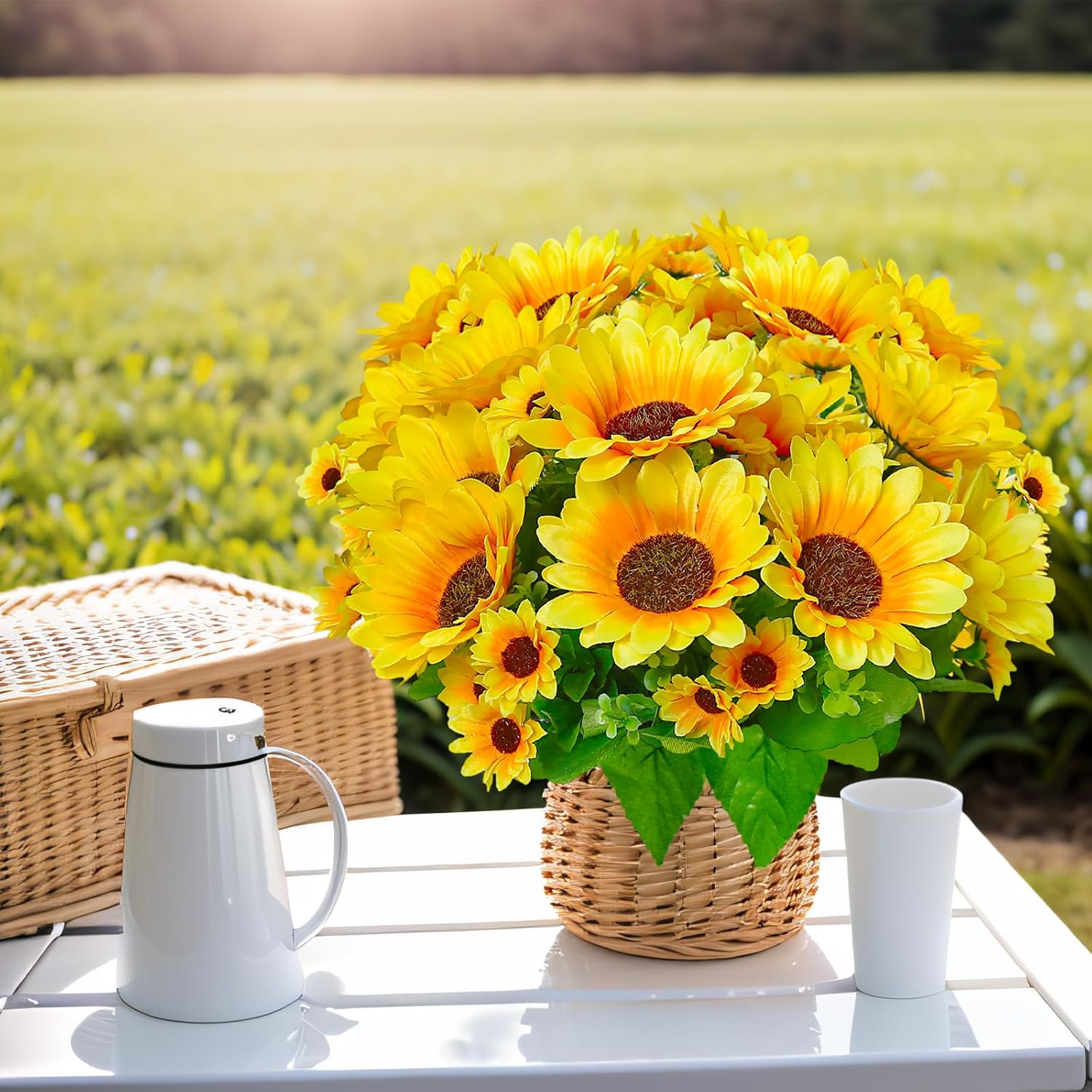 Detalle de Kinisty 4 Packs Large Artificial Sunflower Bouquets (Silk & Plastic) for Indoor/Outdoor Decoration