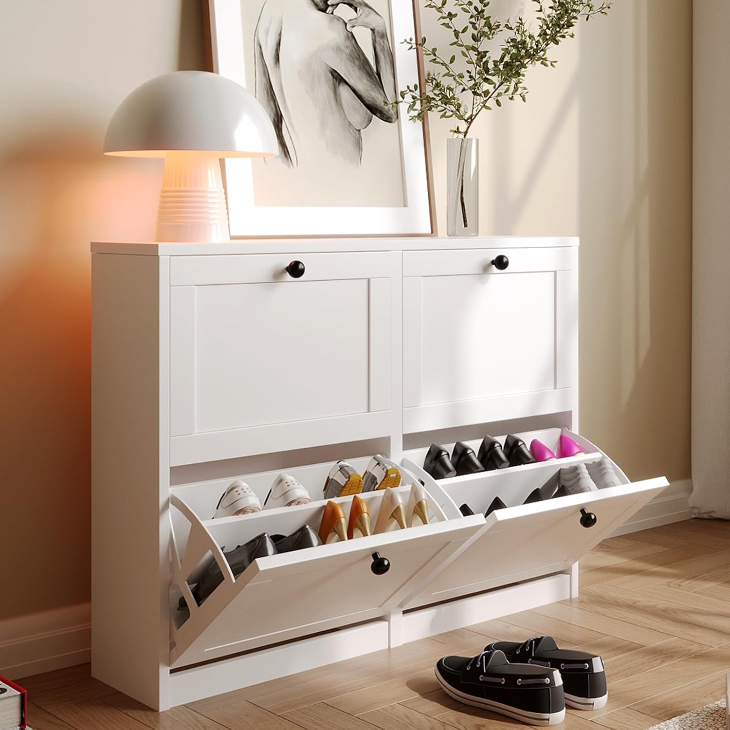 Detalle de VOWNER Scarpiera Slim: Scarpiera Portascarpe in Legno a 4 Cassetti, 105x80x24 cm, Bianco