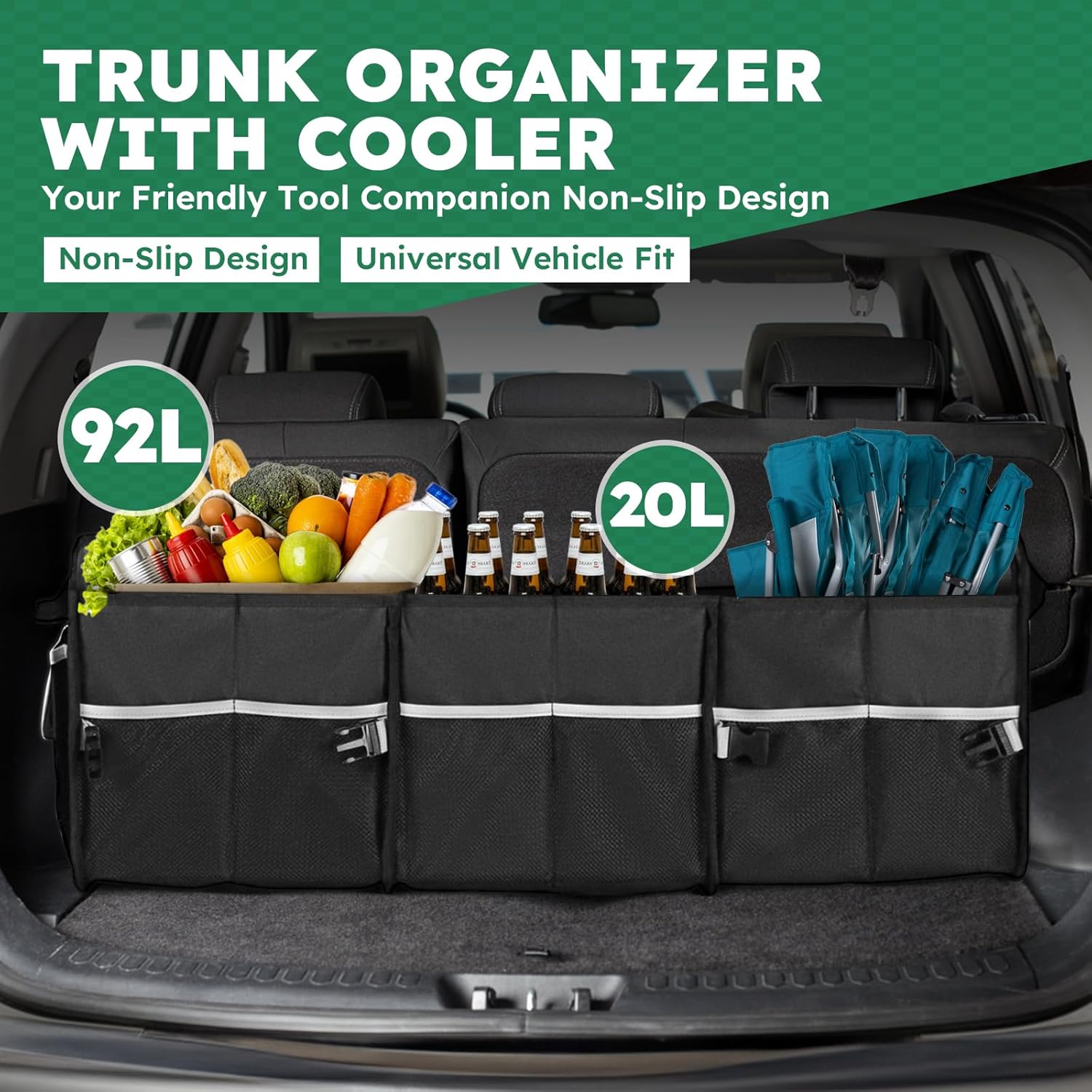 Detalle de 112L Large Capacity Car Trunk Organizer with 20L Insulated Fresh-Keeping Bag (600D Waterproof Oxford, 2 Hooks & Reflective Strips)