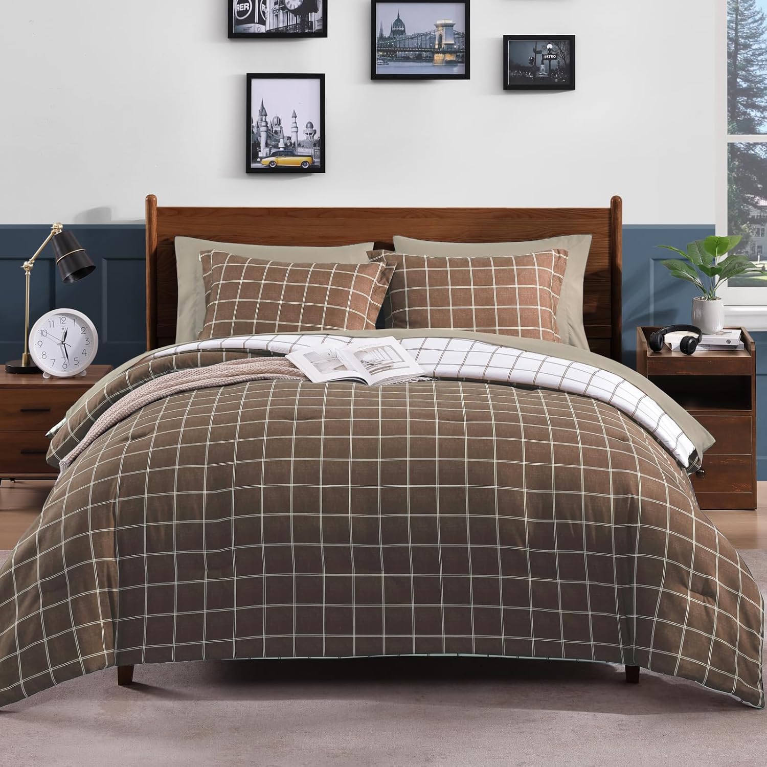 Detalle de AMBERSPACE Plaid Twin XL Comforter Set Brown – Reversible Checkered Bedding, 5-Piece Bed in a Bag