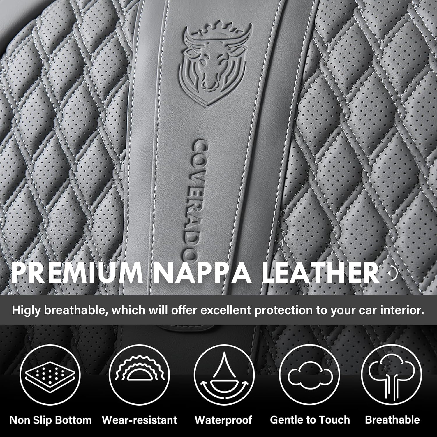 Thumbnail 5 de Coverado Car Seat Covers Full Set: Nappa Leather, Gray, with Lumbar Support and Waterproof Protection