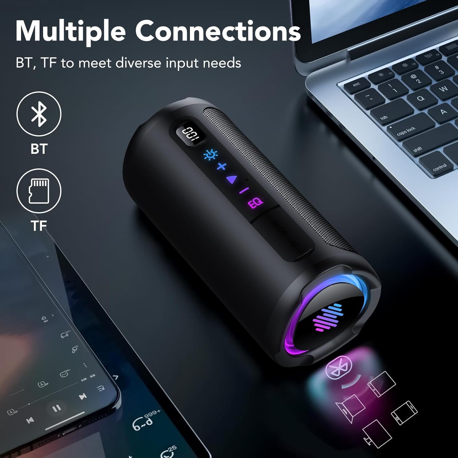 Thumbnail 5 de Enceinte Bluetooth portable aowoka avec LED, écran numérique et basses améliorées (IPX7)