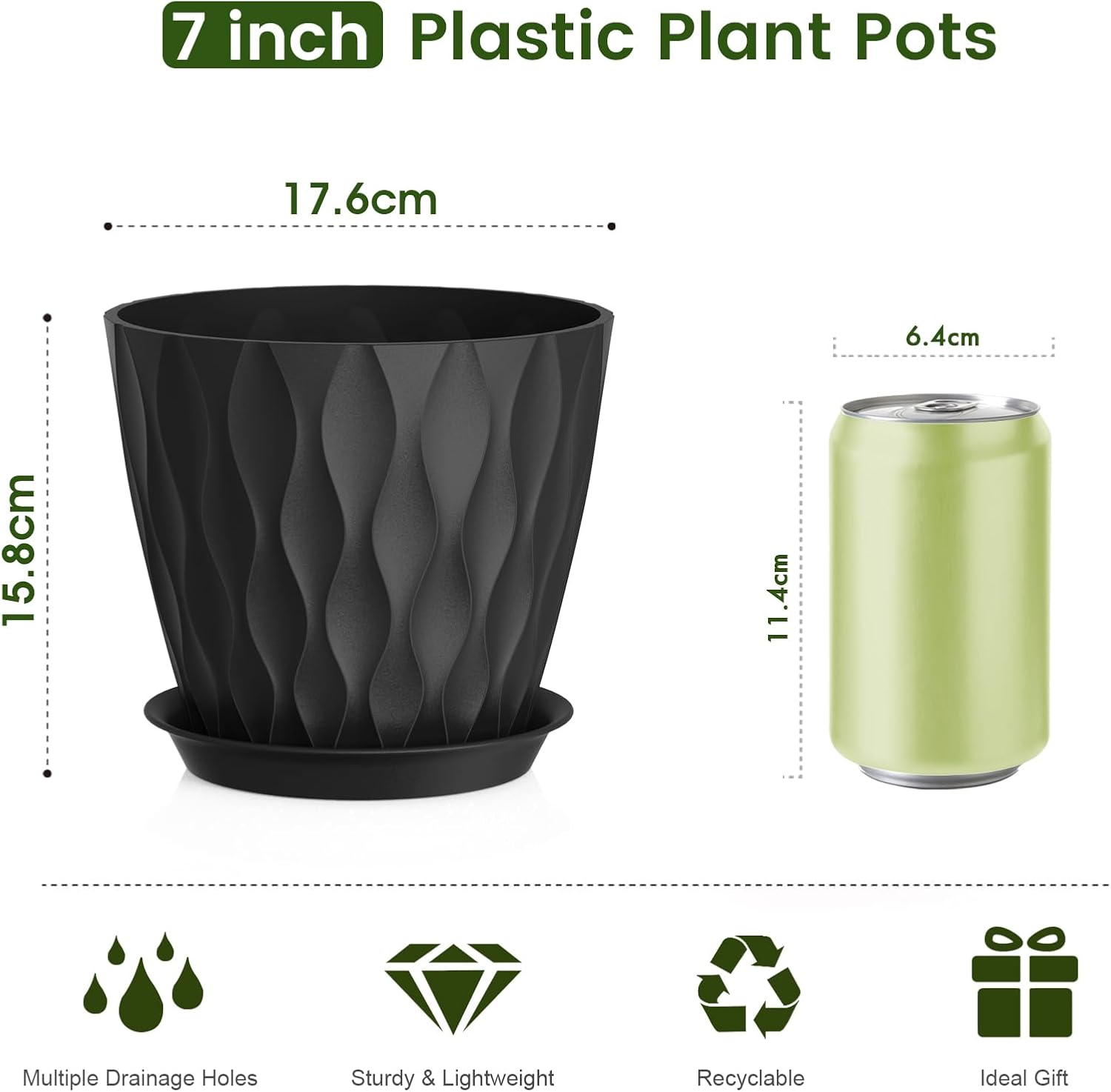 Thumbnail 1 de WSMKSZ 17.6 cm Plant Pots – 5 Pack with Drainage Holes and Saucers, 3D Wave Texture, Black