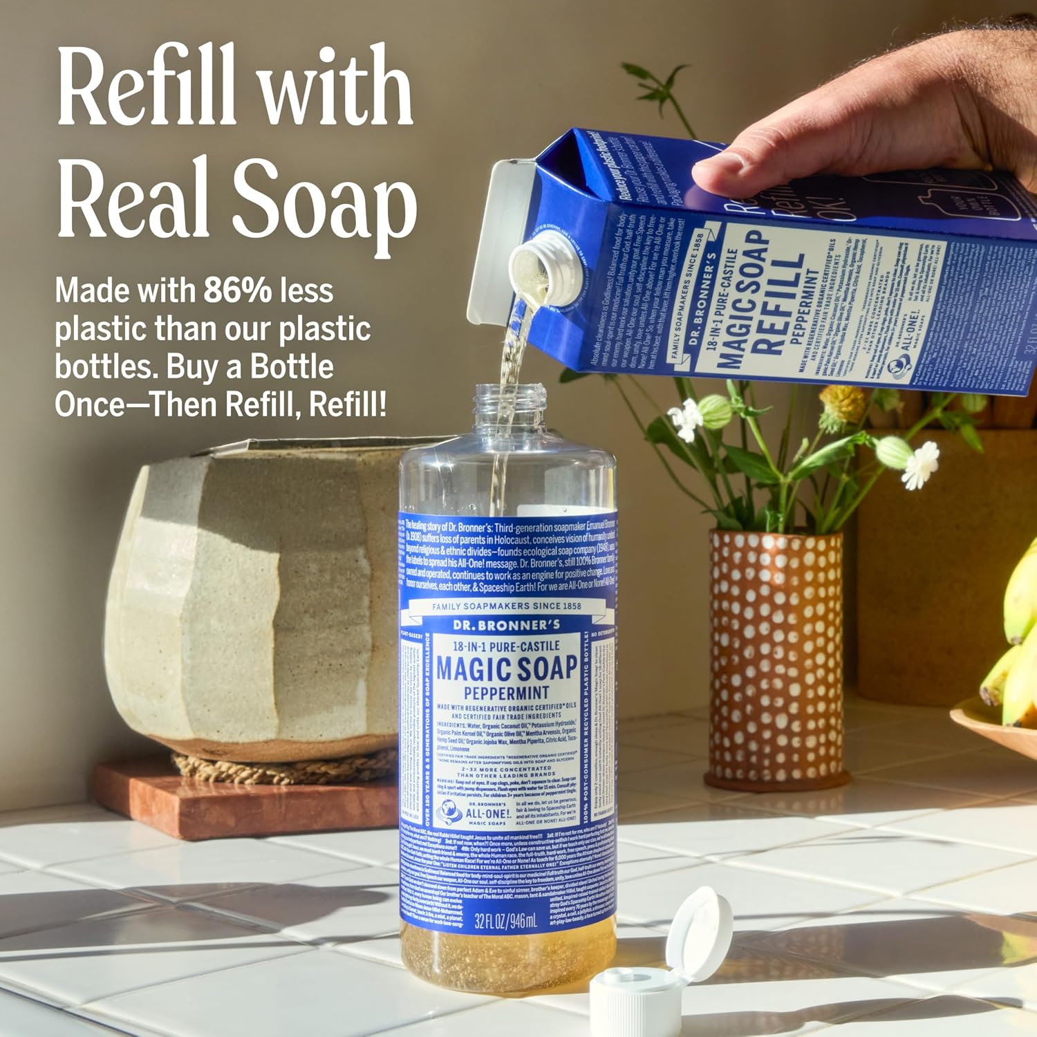 Detalle 2 de Dr. Bronner’s Pure-Castile Peppermint Liquid Soap, 32 oz, 18-in-1