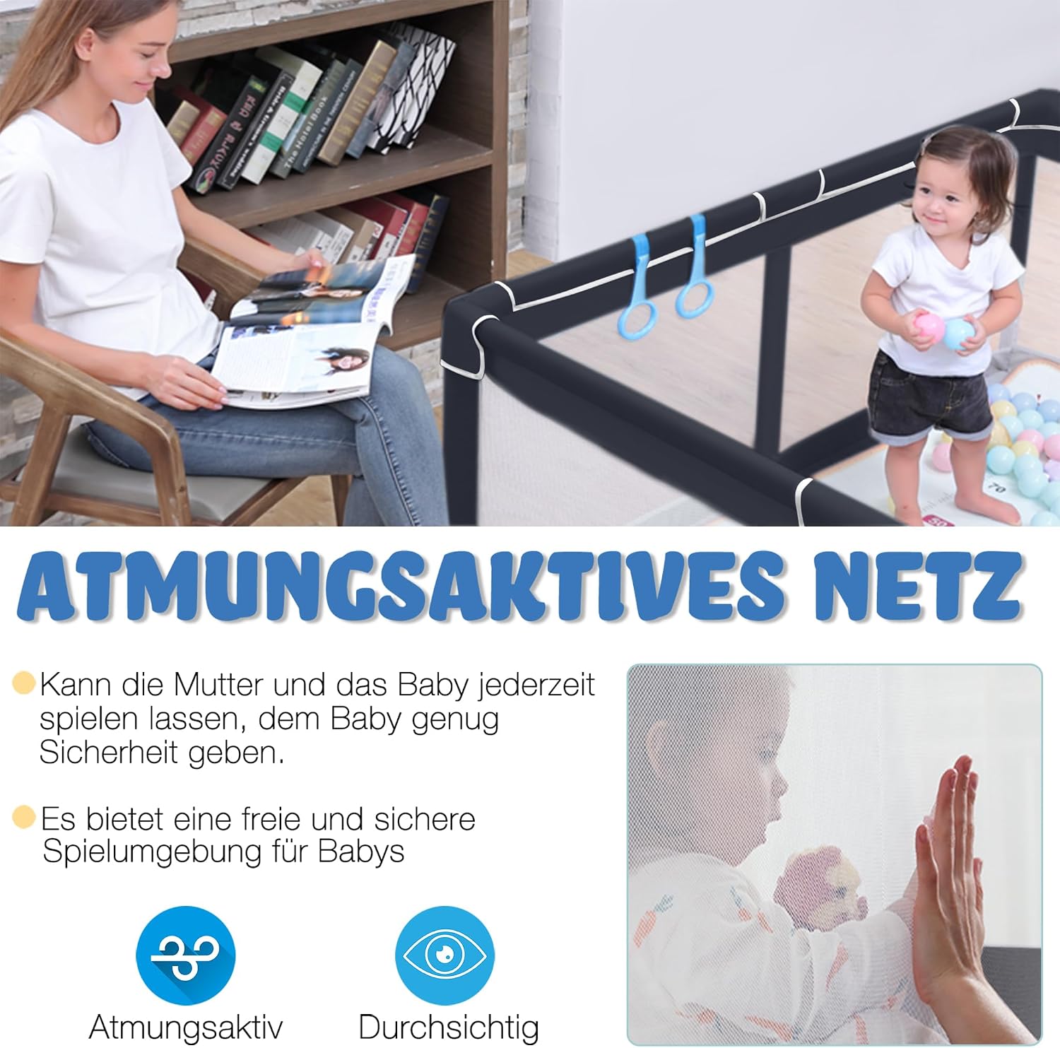 Detalle 1 de UISEBRT kinderbox 127 x 127 cm met antislipbodem, ademend net en 50 ballen