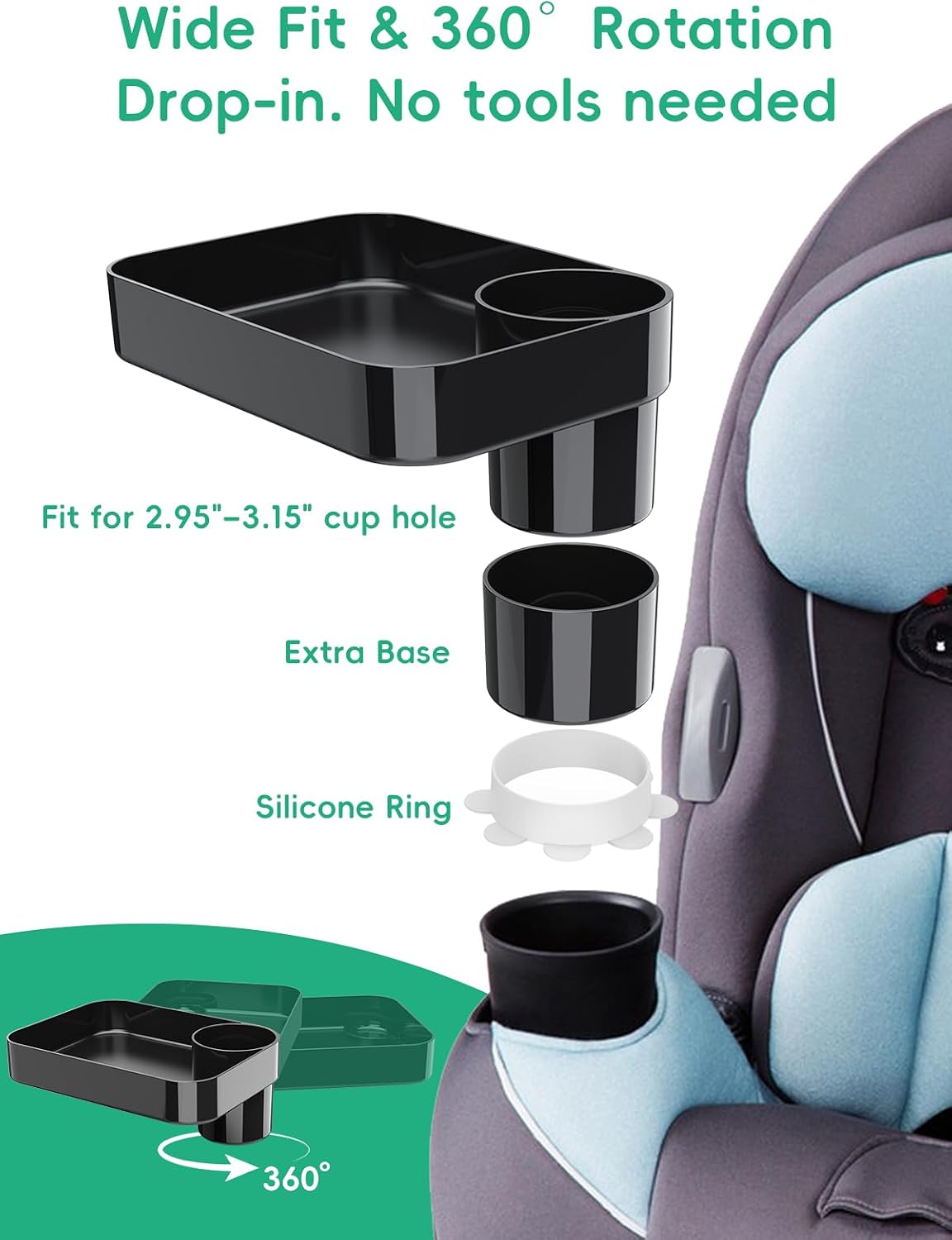 Detalle de BBSDA Cup Tray Car Seat Snack Tray with Rotating Square Tray and Cup Holder