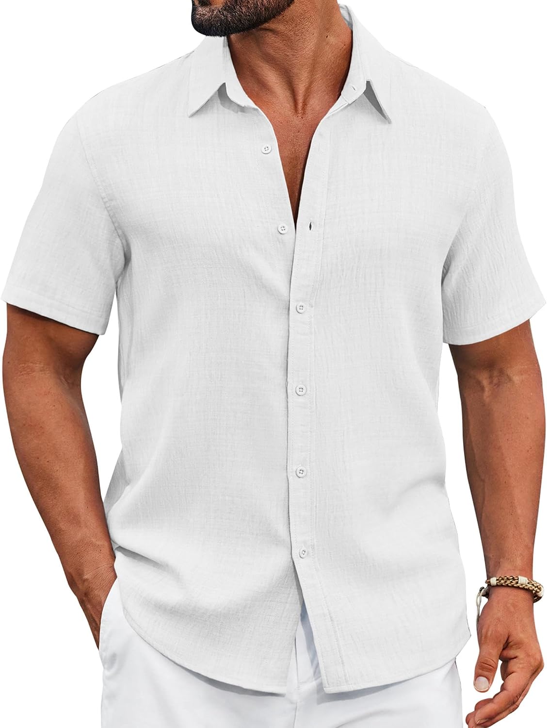 Detalle de COOFANDY Men's Textured Short-Sleeve Button-Down Shirt