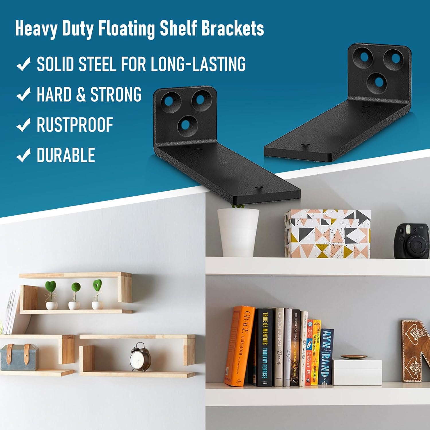 Thumbnail 2 de Heavy Duty Floating Shelf Brackets 8 inch (8-pack) – Black cast iron L-shaped wall supports