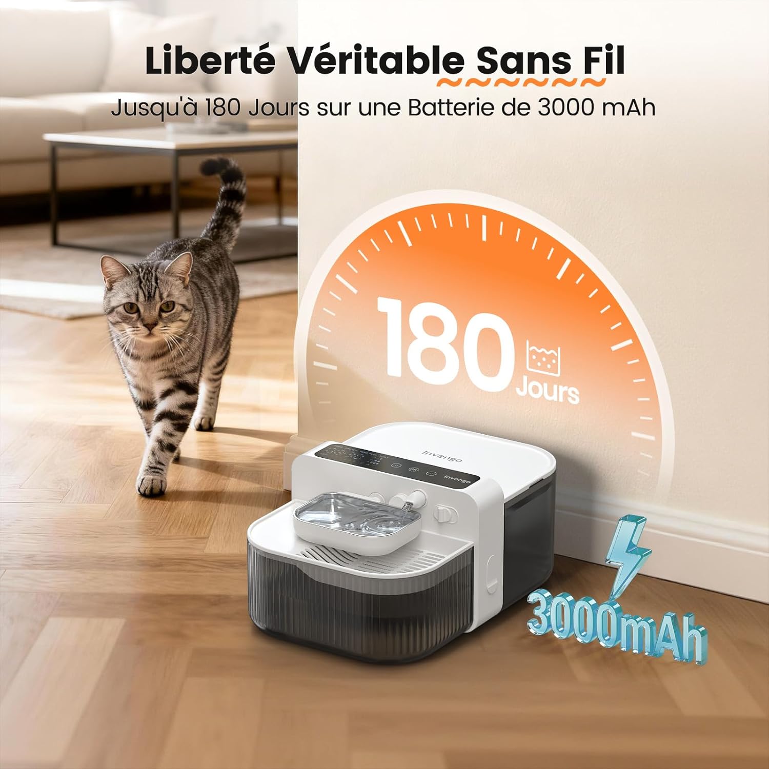Thumbnail 1 de Invengo Fontaine à eau pour chat sans filtre ni fil 3,5 L, bol en acier inox 304 et autonomie jusqu’à 180 jours
