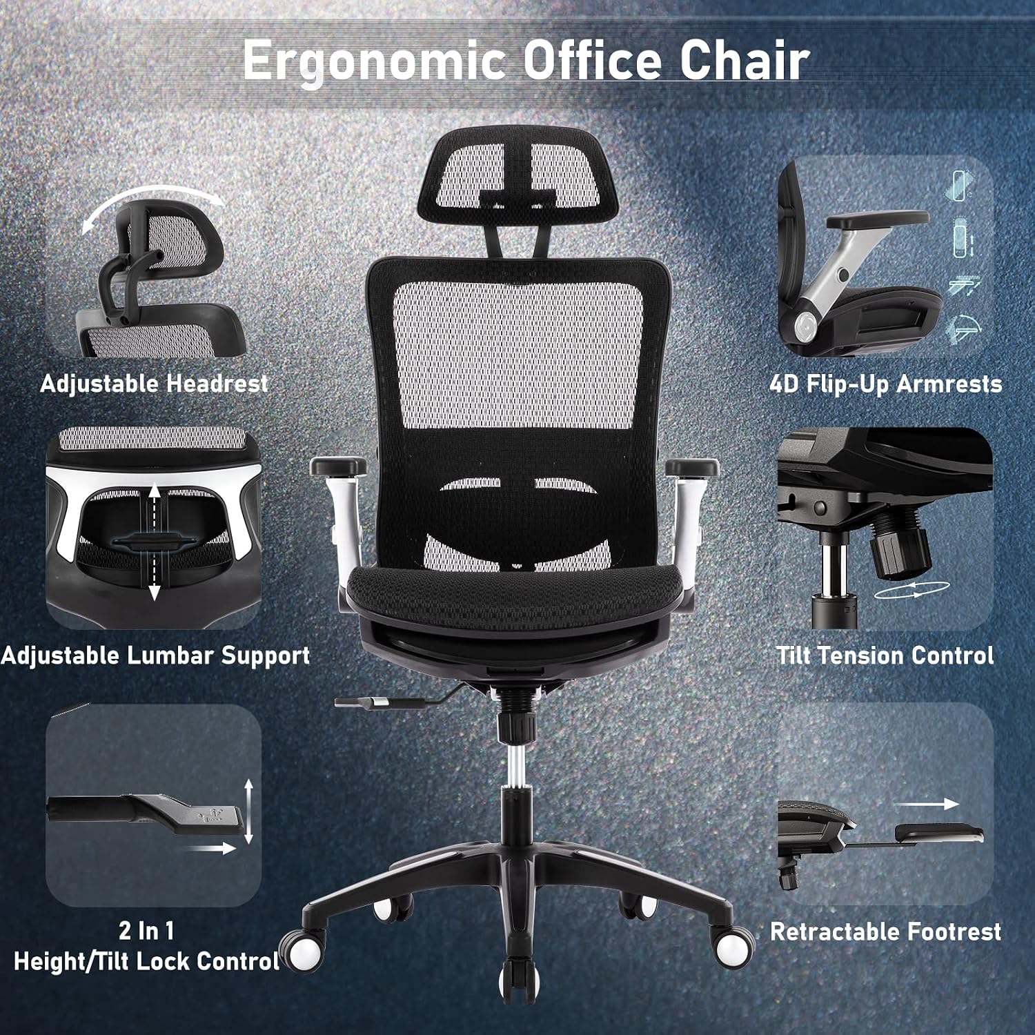 Detalle 2 de COLAMY Ergonomic Mesh Office Chair with Footrest (High Back + Headrest), 4D Flip-up Arms, Lumbar Support and Tilt Lock – Black