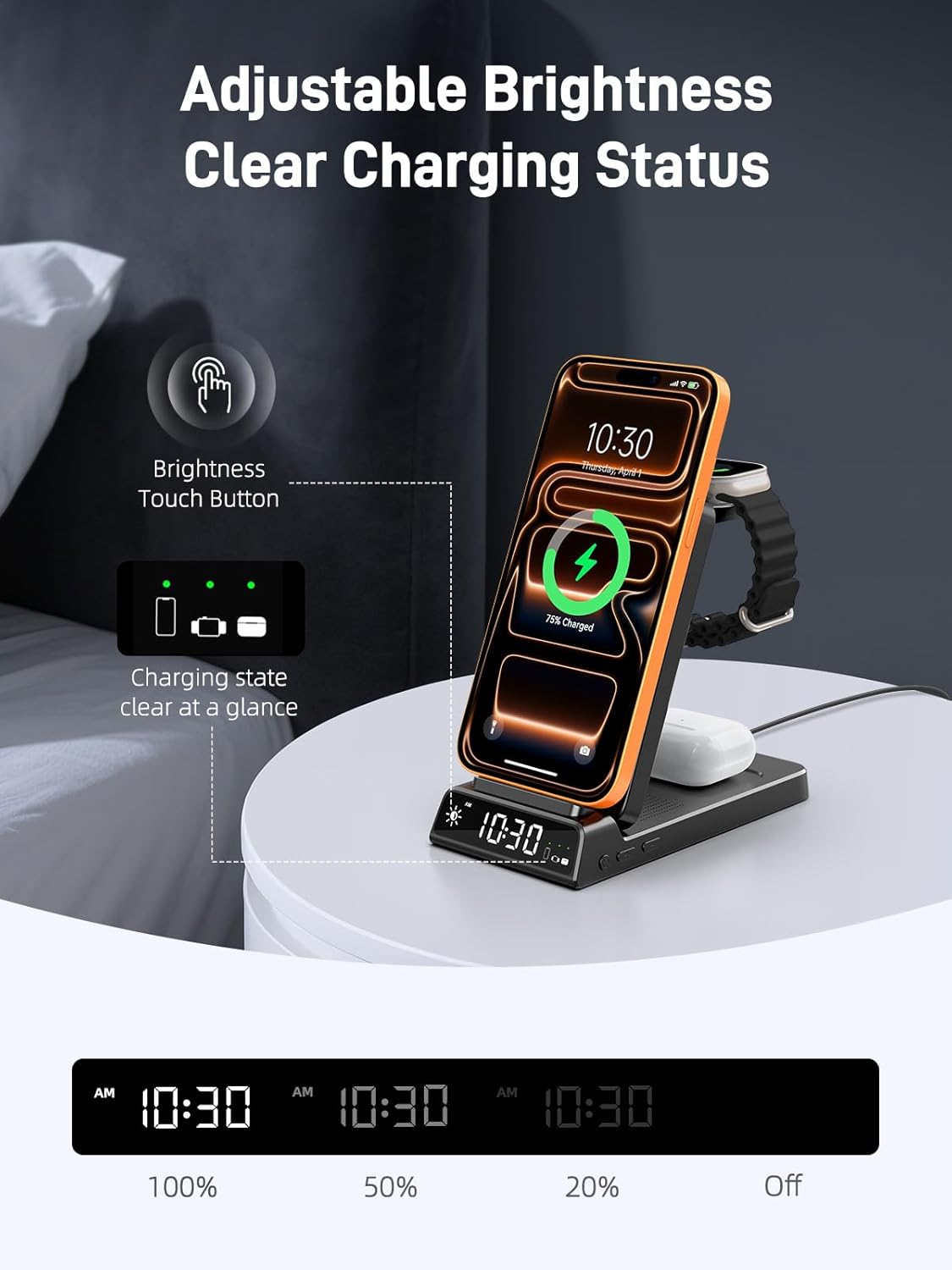 Thumbnail 3 de Station de charge magnétique 3 en 1 Snap Charge Go avec horloge pour iPhone, Apple Watch 10 et AirPods (noir)