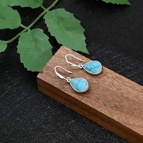 Detalle de Weviway Silver Turquoise Teardrop Earrings — Vintage Boho, Hypoallergenic, Lightweight