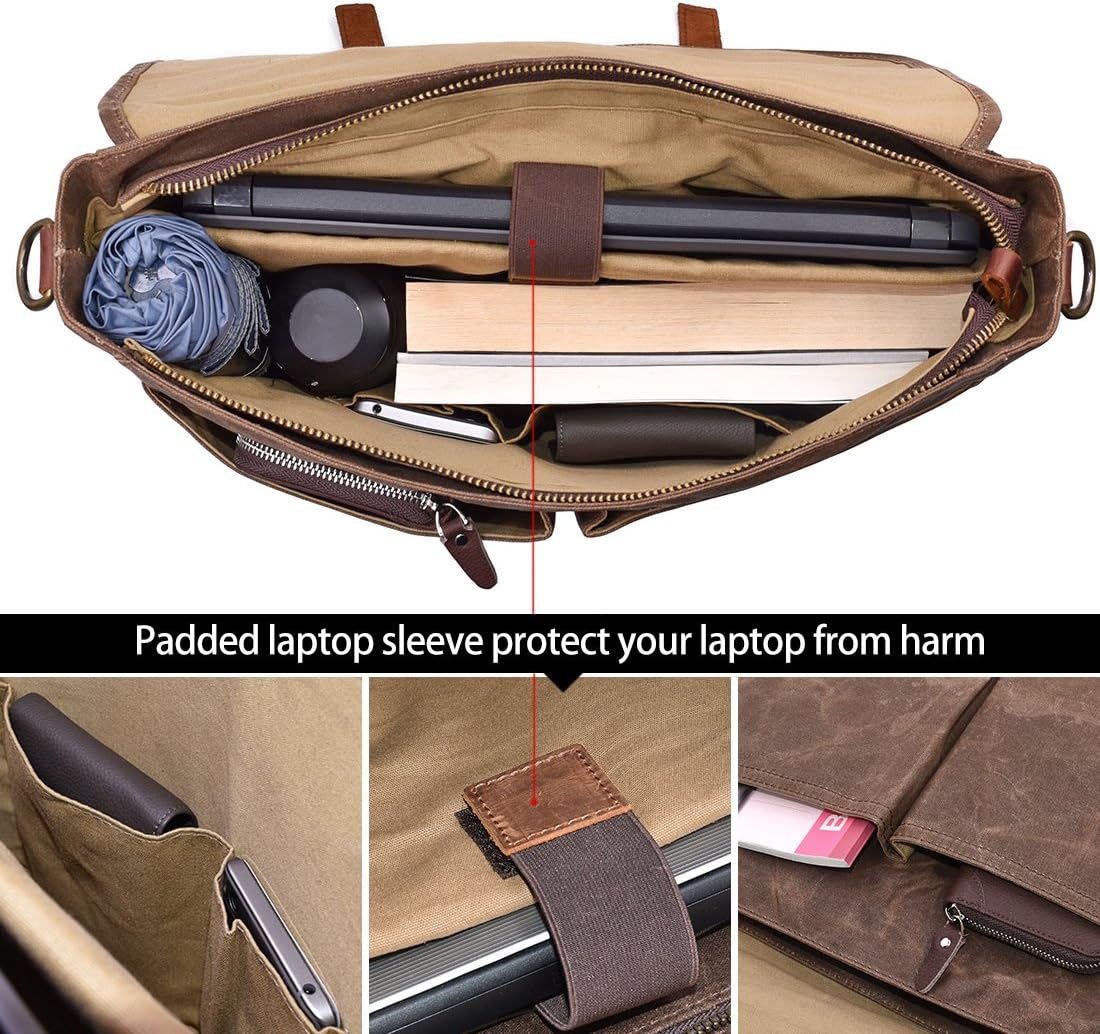 Thumbnail 6 de NEWHEY men’s 15.6-inch canvas leather waterproof laptop messenger bag