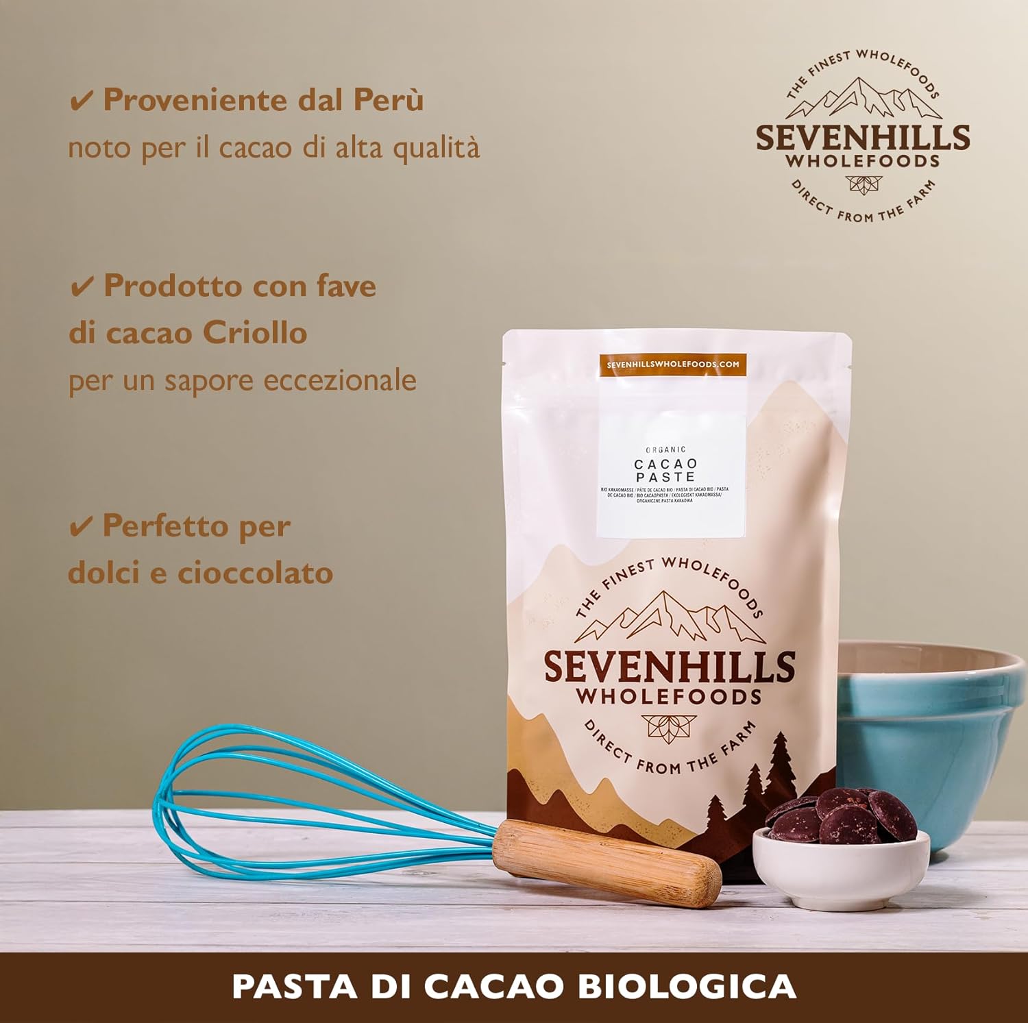 Detalle de Sevenhills Wholefoods Pasta Di Cacao Bio 500g – Pasta di cacao Criollo biologica, vegan e premiata