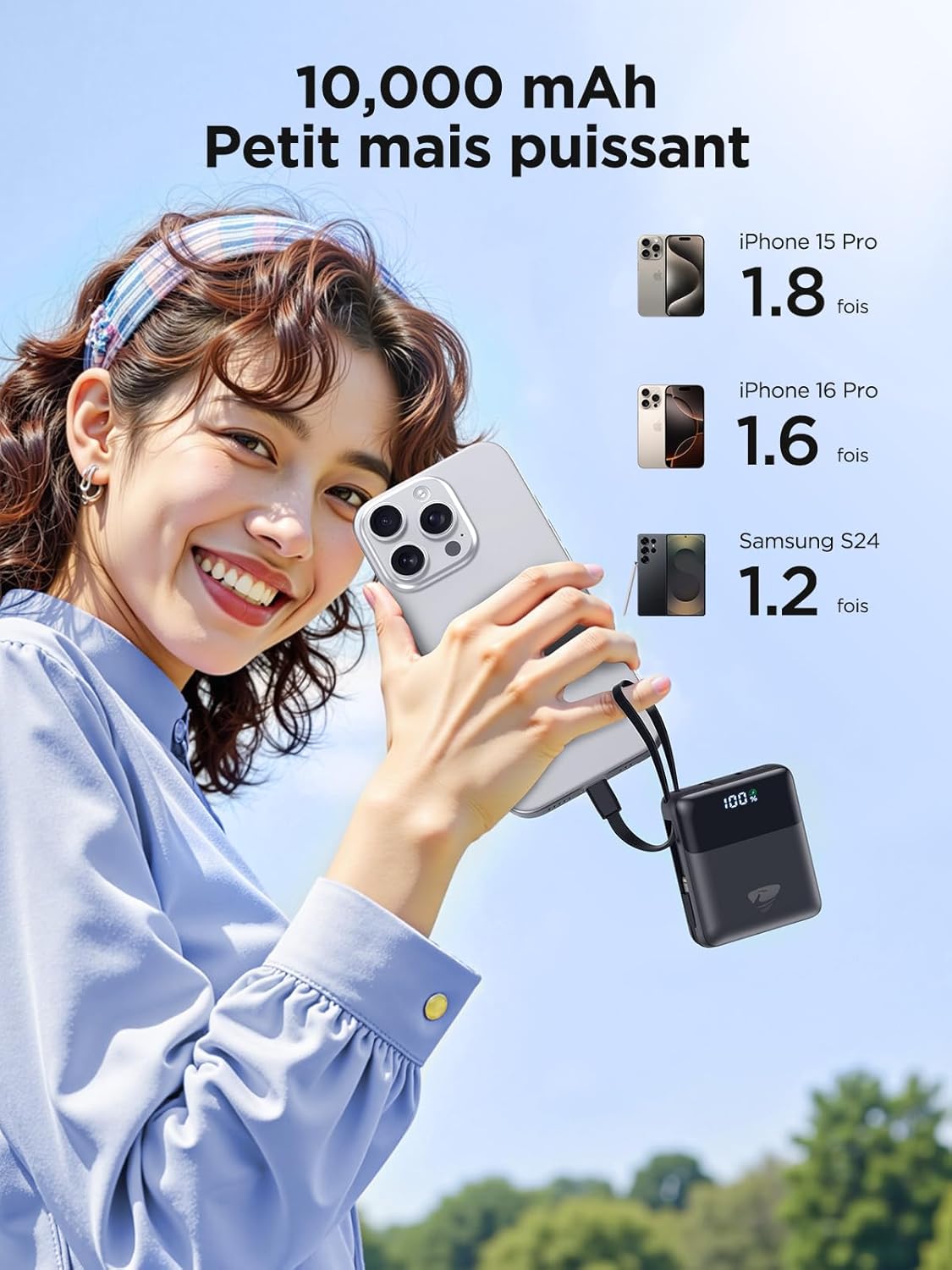 Thumbnail 2 de Batterie Externe Aioneus 10000 mAh avec 2 câbles intégrés – Charge rapide PD 20–22,5 W
