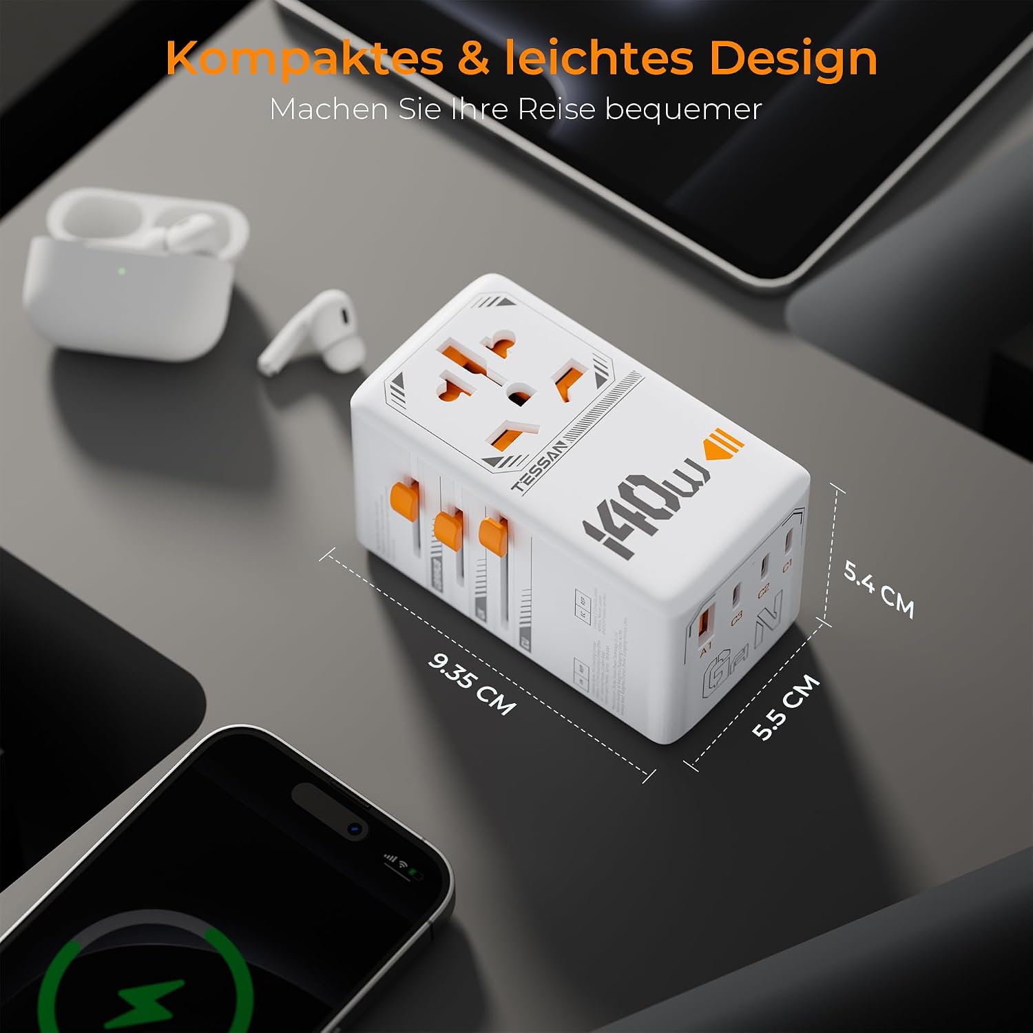 Detalle de TESSAN 140W GaN Reiseadapter weltweit – 3× USB‑C (140W) + 1× USB‑A (18W) und Universalsteckdose