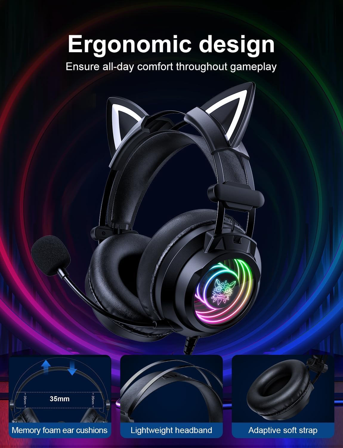 Thumbnail 5 de ONITOON Gaming Headset with Detachable Cat Ears, Detachable Microphone & Abyssal Mirror RGB