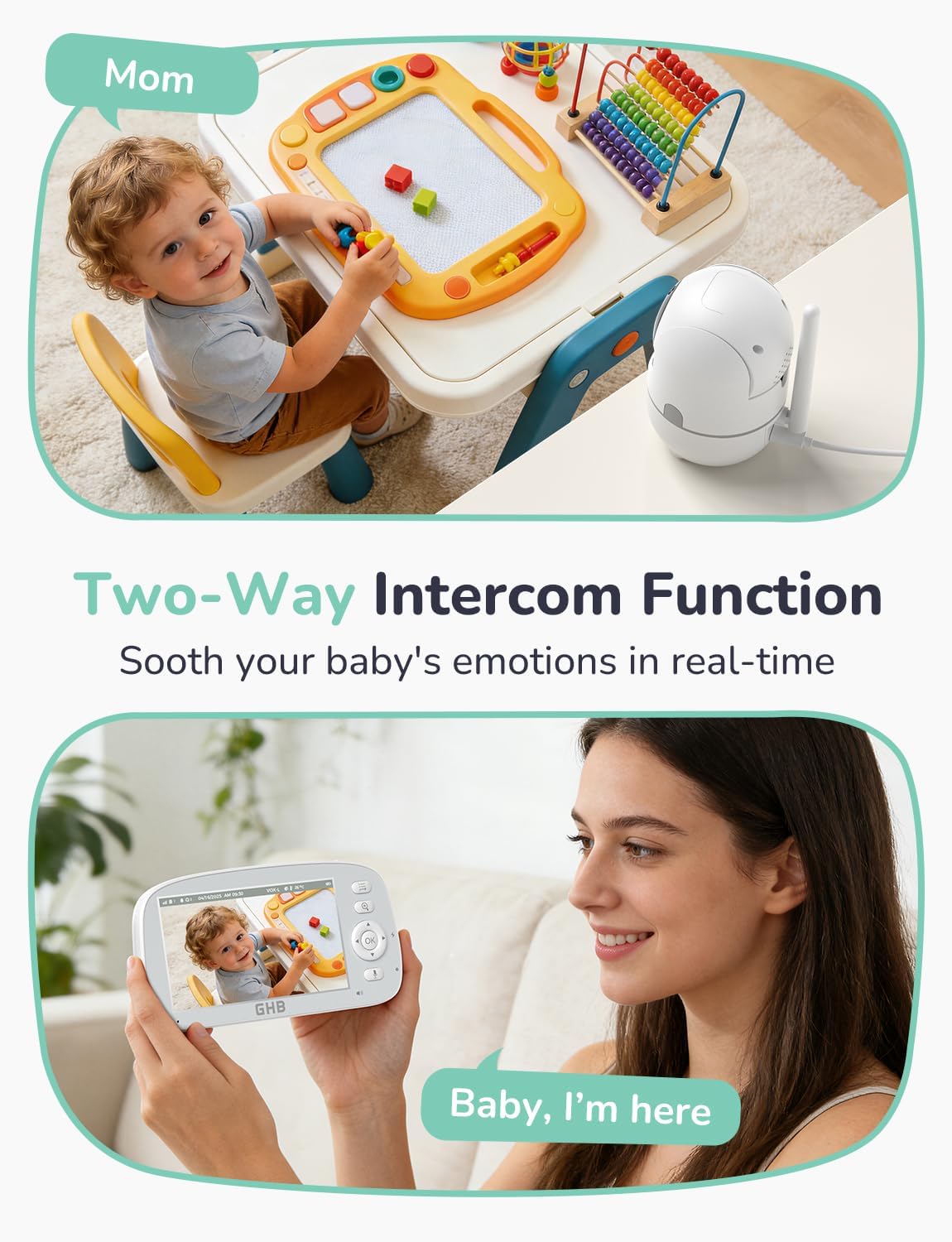 Detalle 2 de GHB Baby Monitor with Camera and Night Vision, 5-inch Screen, 2-way Audio & VOX – Temperature Sensor, 4x Zoom
